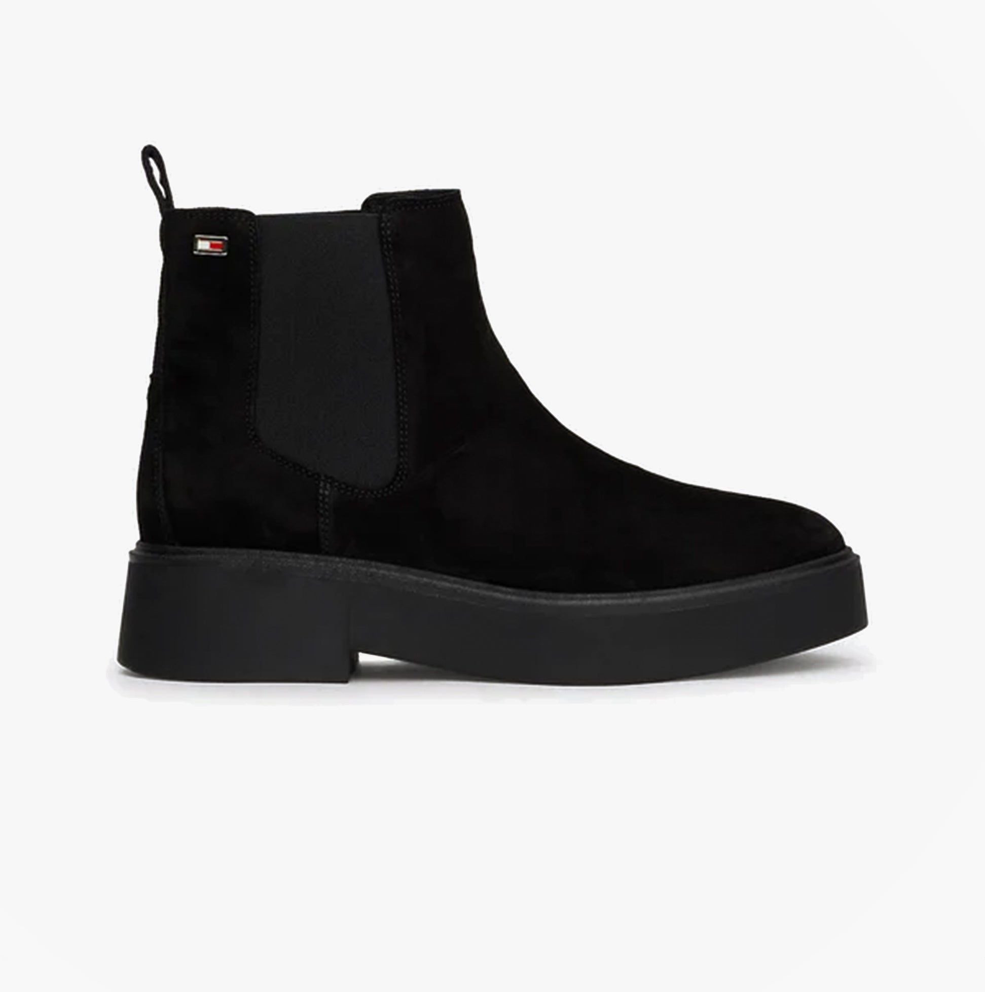Tommy Hilfiger MINIMAL SUEDE Womens Chelsea Boots Black side view showcasing suede upper and block heel.