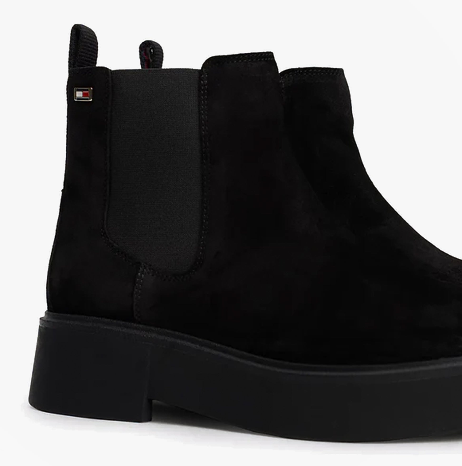Tommy Hilfiger MINIMAL SUEDE Womens Chelsea Boots Black side view showcasing suede upper and block heel.