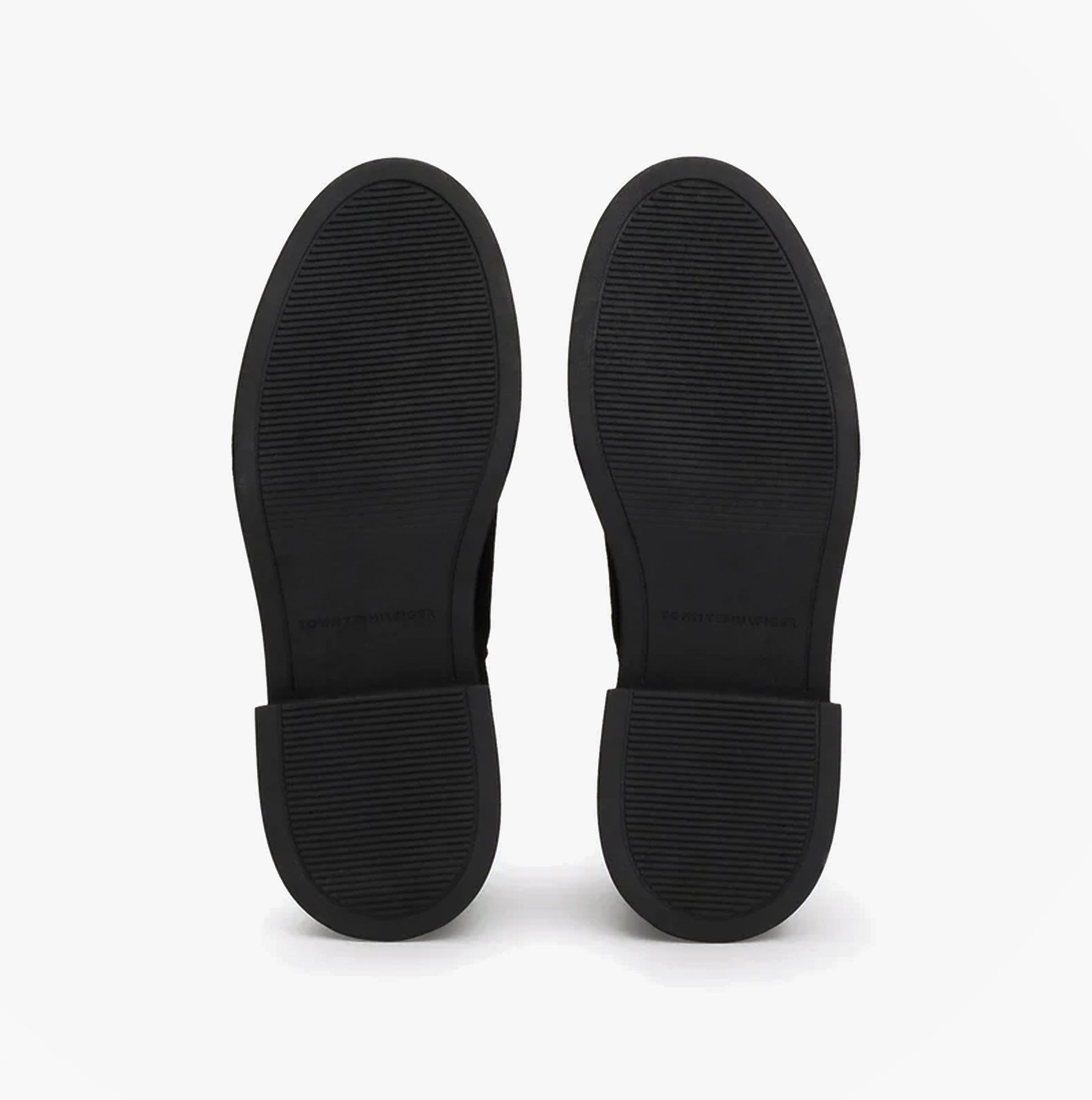 Tommy Hilfiger MINIMAL SUEDE Womens Chelsea Boots Black bottom view, showcasing rubber sole with textured grip.