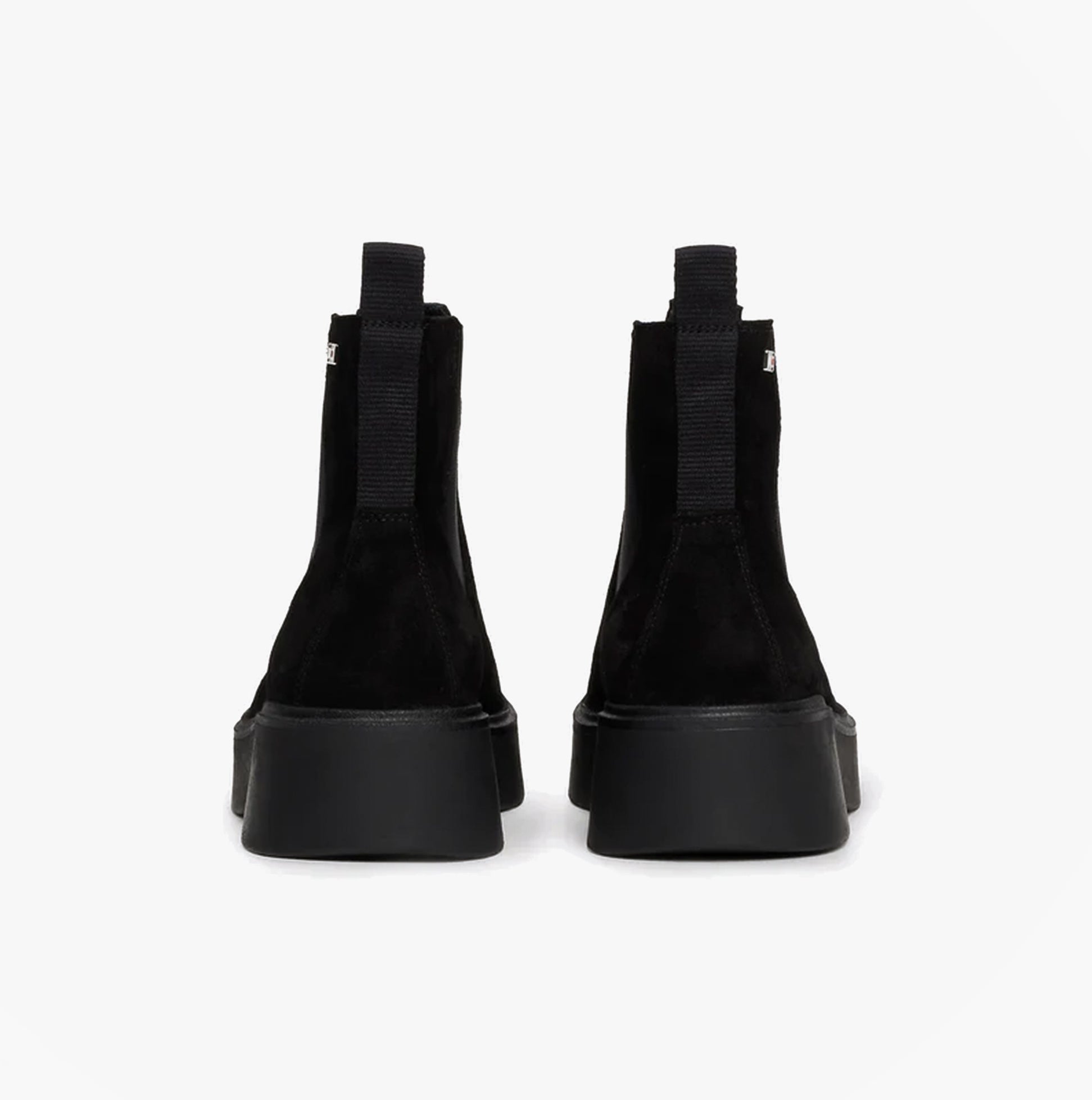 Tommy Hilfiger MINIMAL SUEDE Womens Chelsea Boots Black rear view showcasing block heel and elasticated side panel.