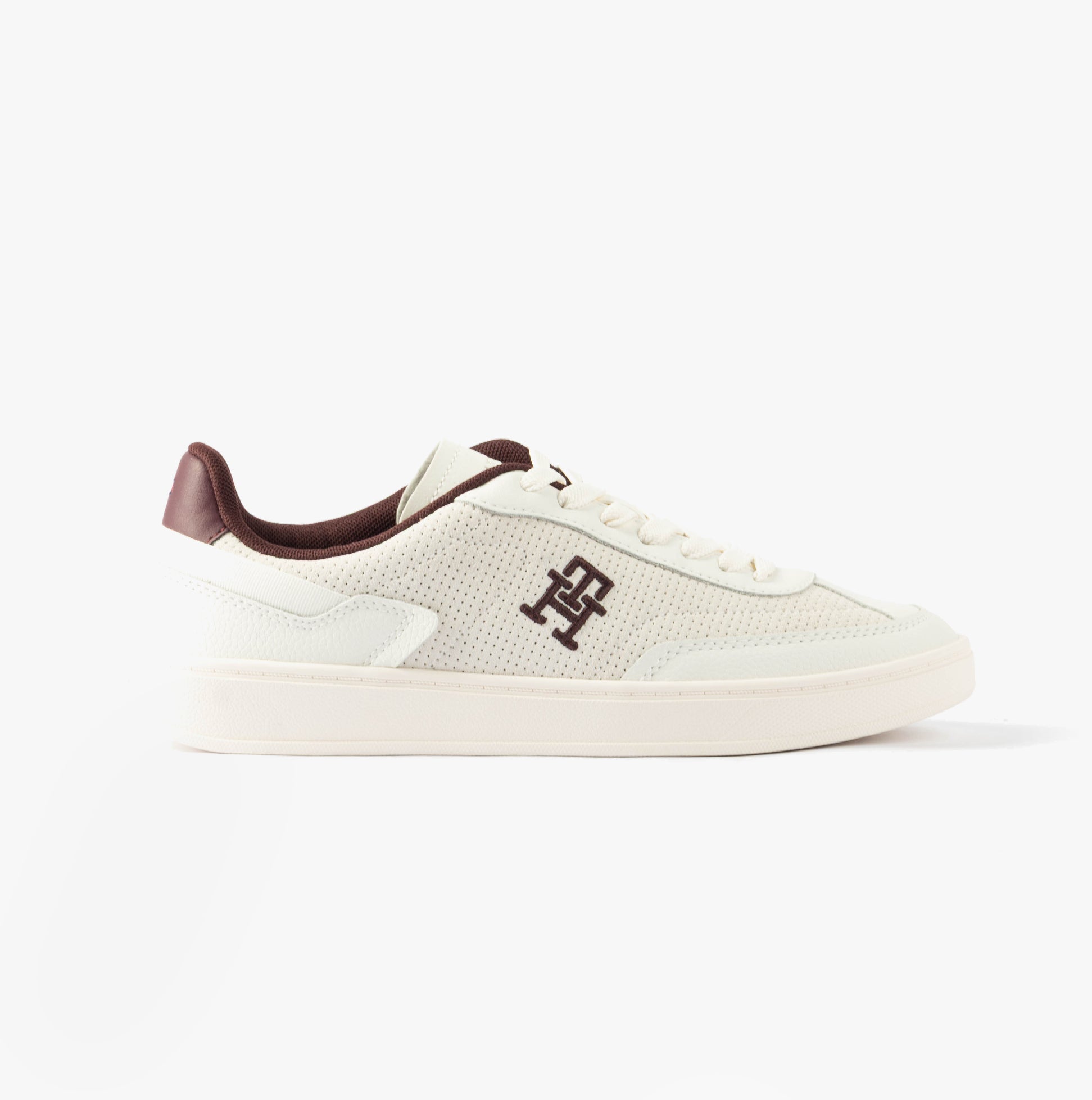 Tommy Hilfiger TH HERITAGE SNEAKER Womens Trainers White/Burgundy Velvet side view showcasing casual leather design.