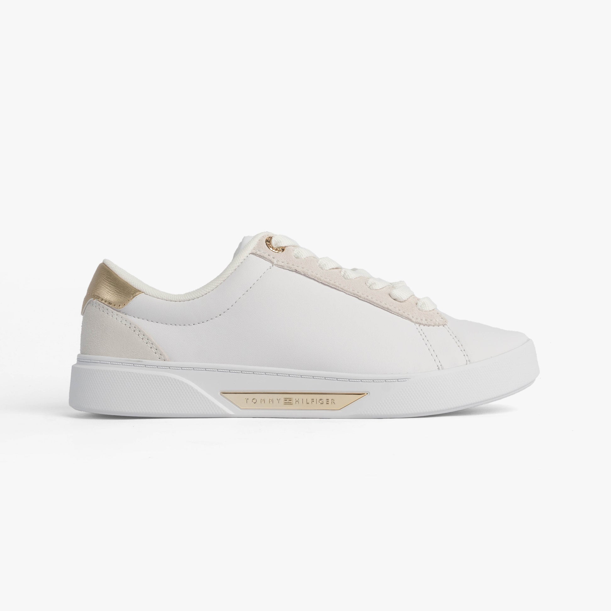 Tommy Hilfiger CHIC COURT Womens Trainers White side view showing casual leather upper and lace-up design.