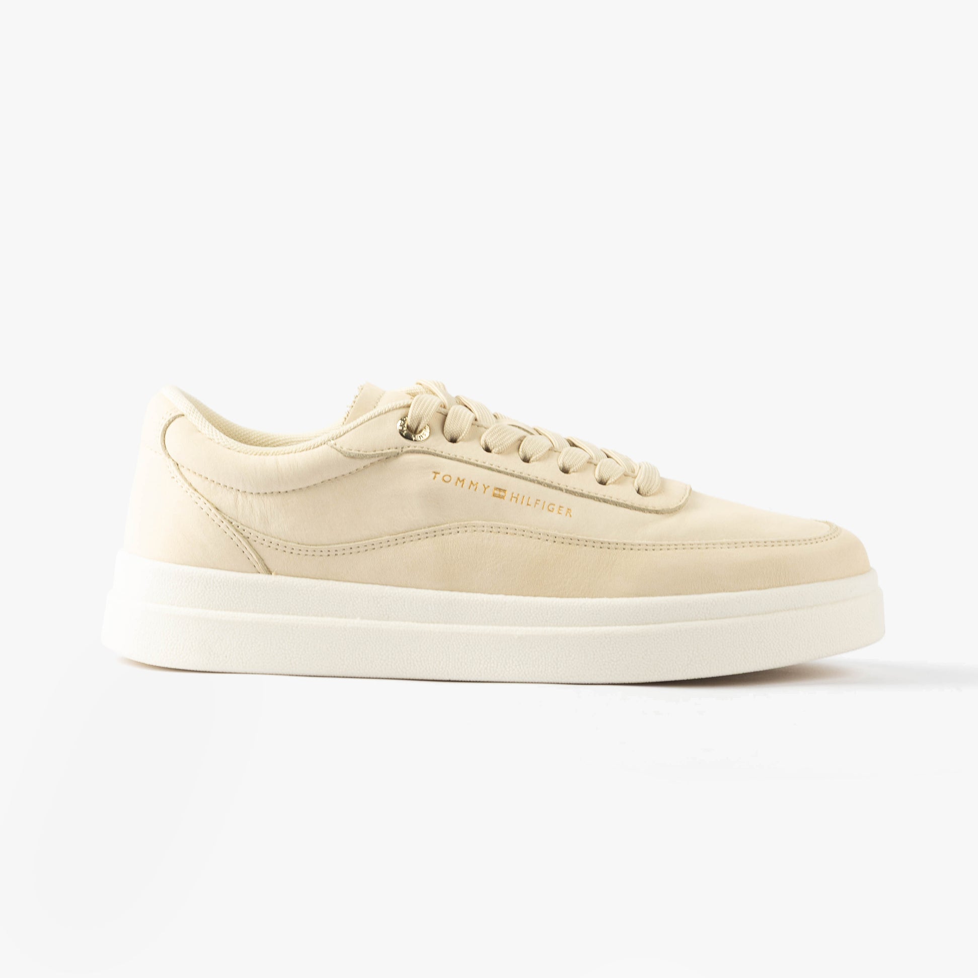 Tommy Hilfiger MODERN COURT SNEAKER Womens Muslin side view, casual leather trainers with lace-up closure.