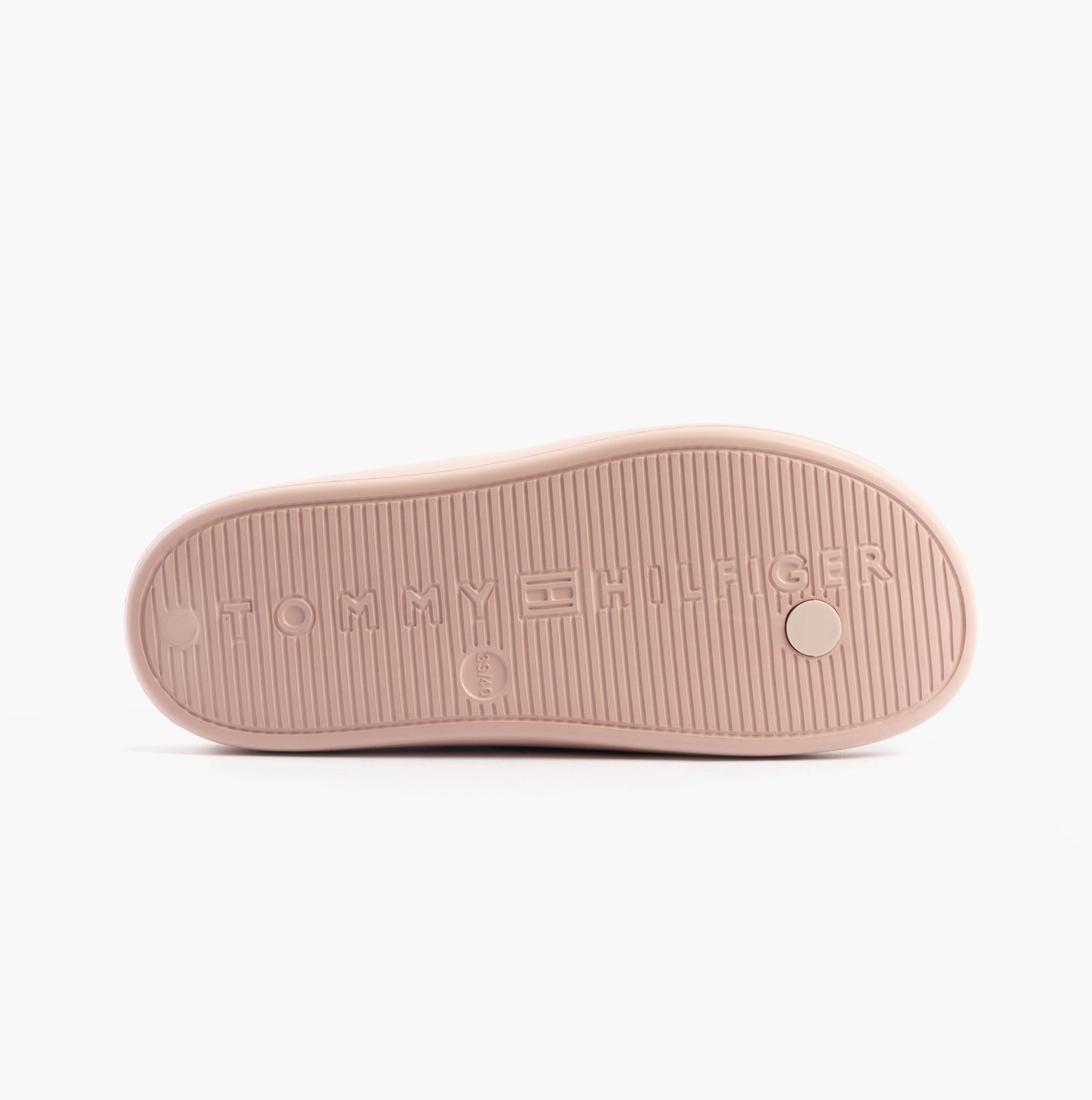Tommy Hilfiger ENAMEL FLAG CONTOURED Womens Sandals Foggy Pink bottom view with brand lettering and sole texture.