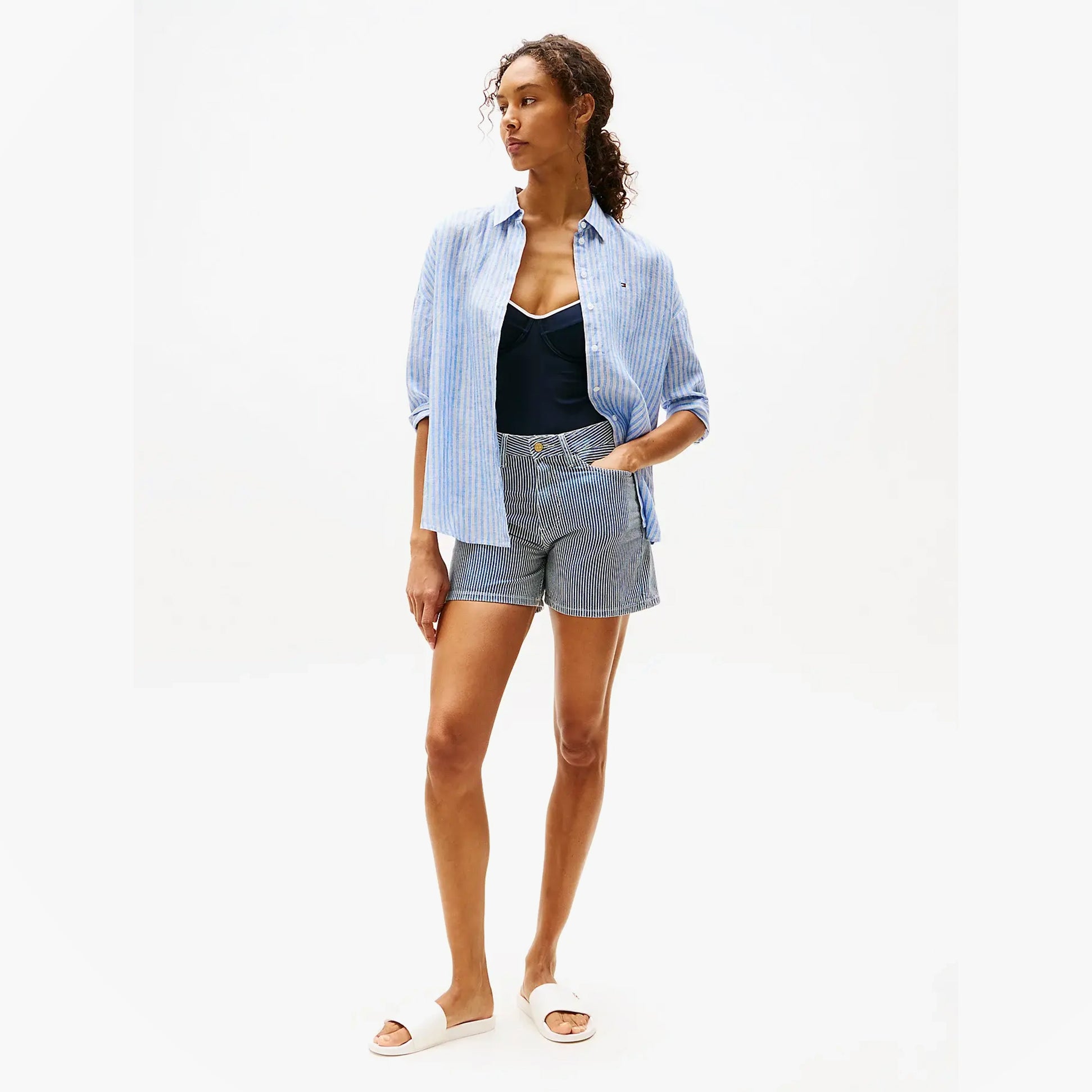 Tommy Hilfiger MONOGRAM POOLSIDE Womens Sliders White side view with model wearing casual summer outfit.