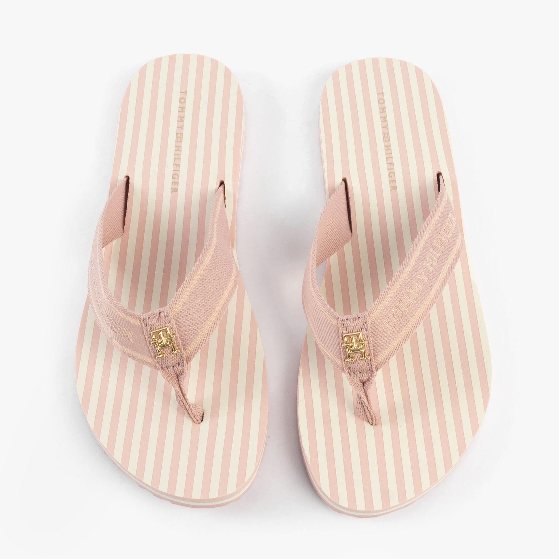 Tommy Hilfiger STRIPES LOGO Womens Flip-Flops Foggy Pink top view with striped pattern and logo detail.