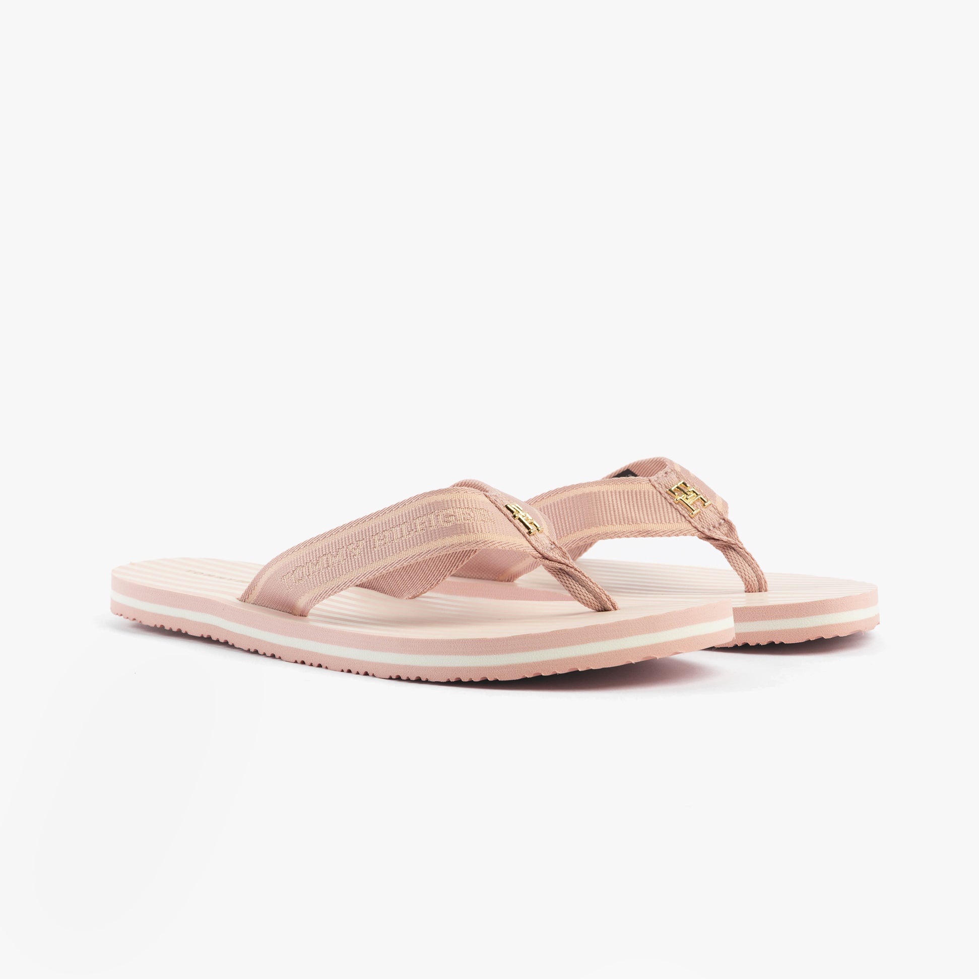 Tommy Hilfiger STRIPES LOGO Womens Flip-Flops Foggy Pink side view showcasing comfort and lightweight design.