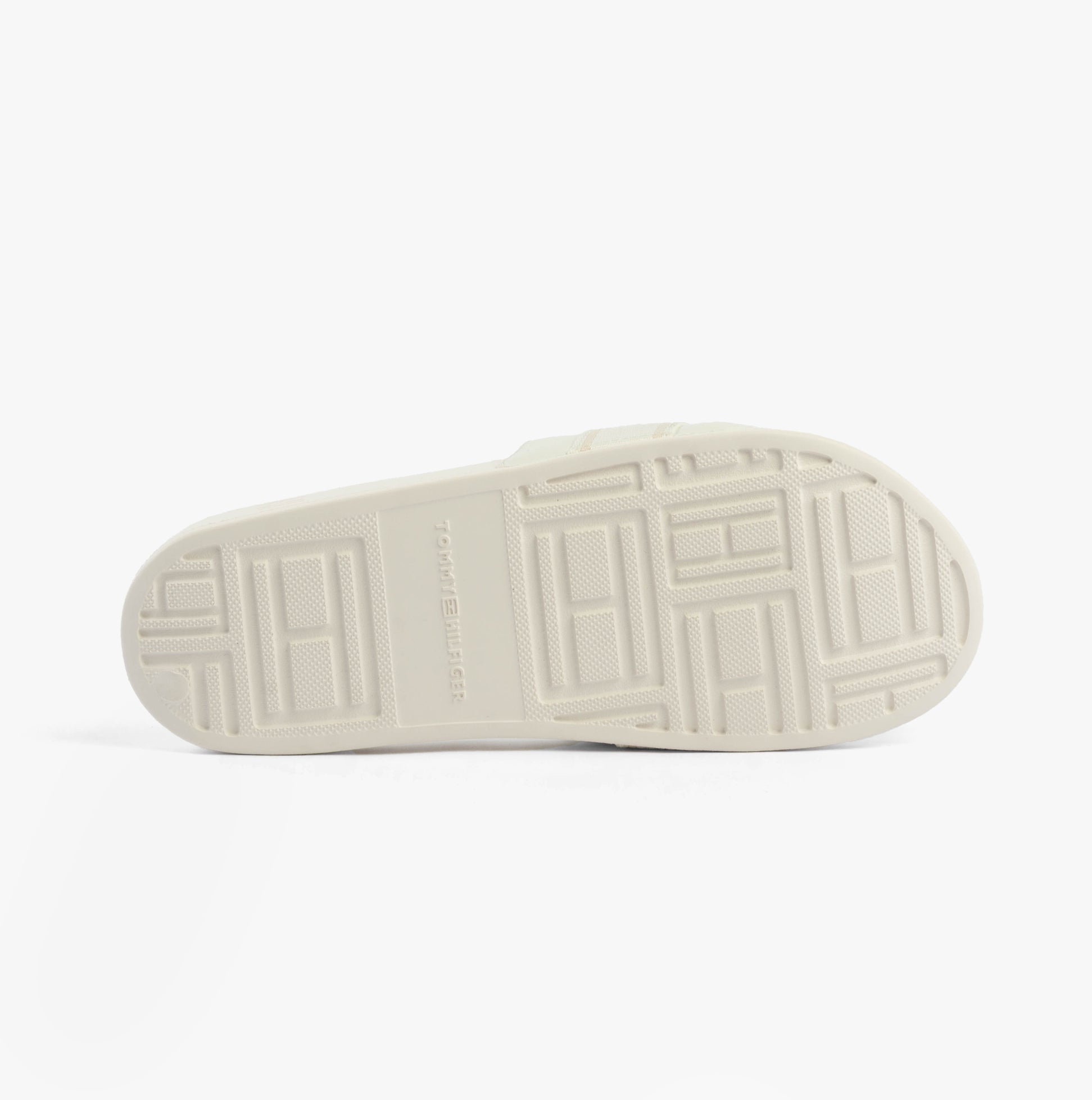 Tommy Hilfiger LOGO WEBBING Womens Slides Ecru bottom view showcasing sole design and grip pattern.