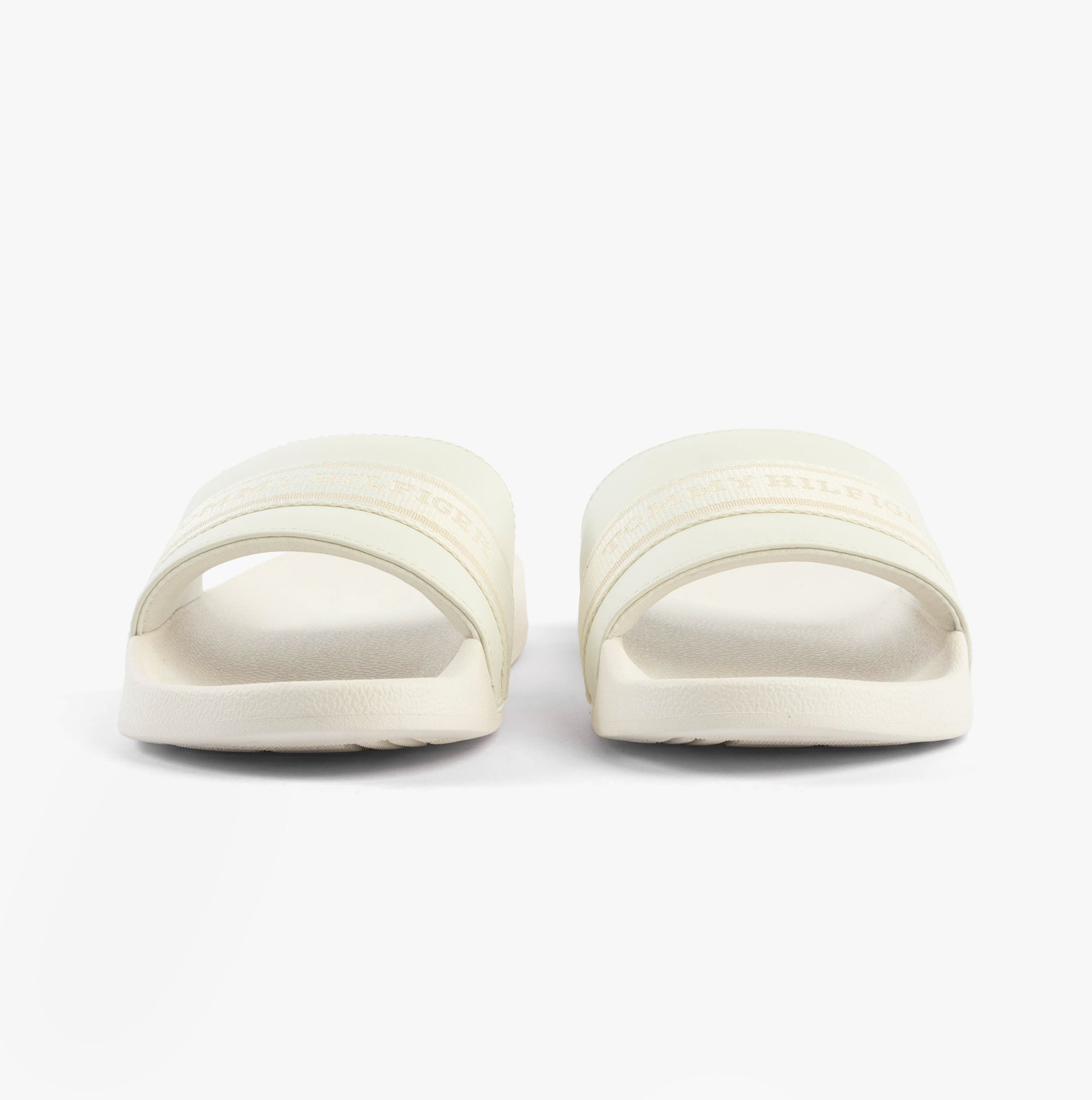 Tommy Hilfiger LOGO WEBBING Womens Slides Ecru front view showcasing the stylish slip-on design and logo details.