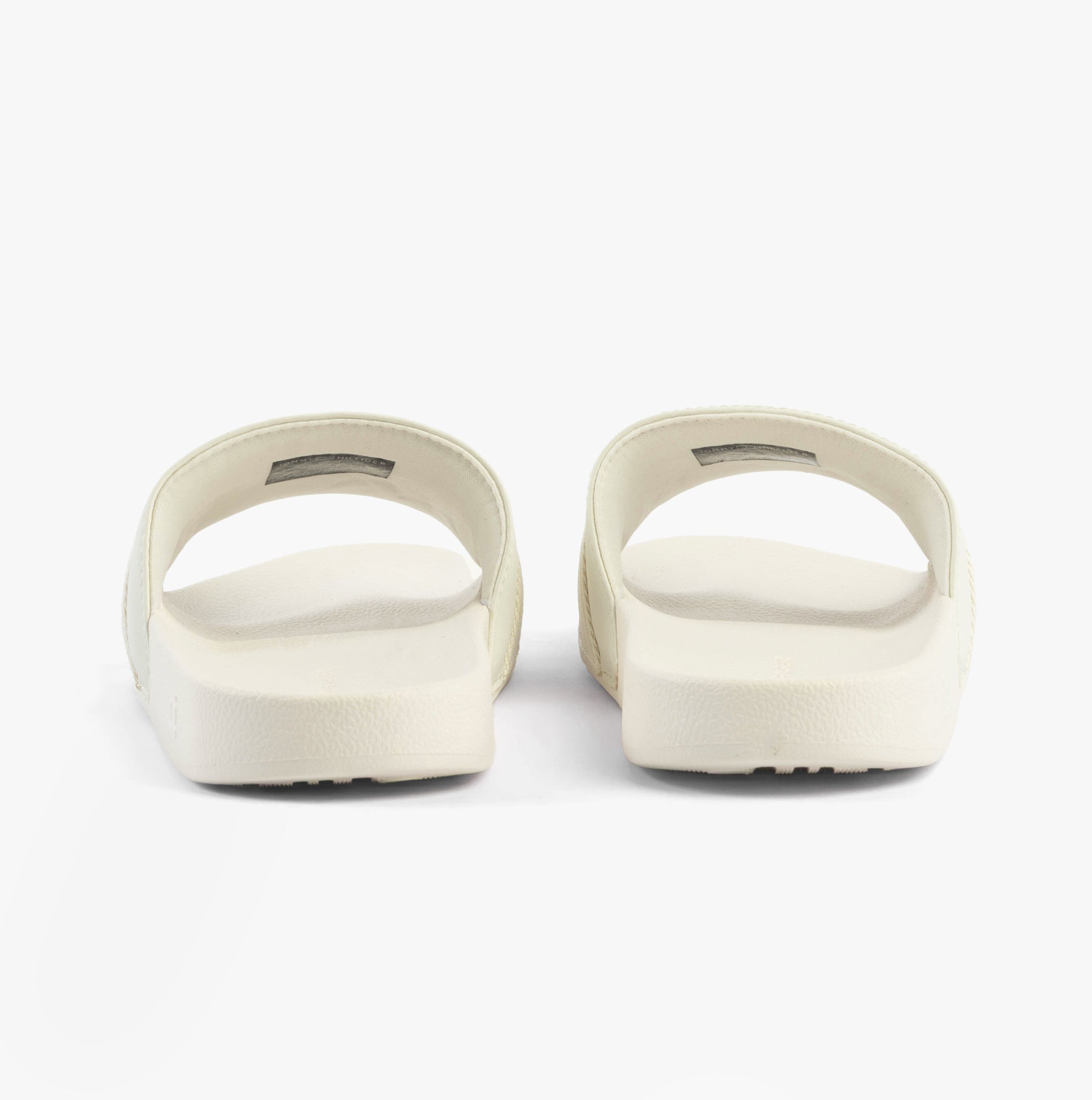 Tommy Hilfiger LOGO WEBBING Womens Slides Ecru back view showing slip-on design and flat sole.