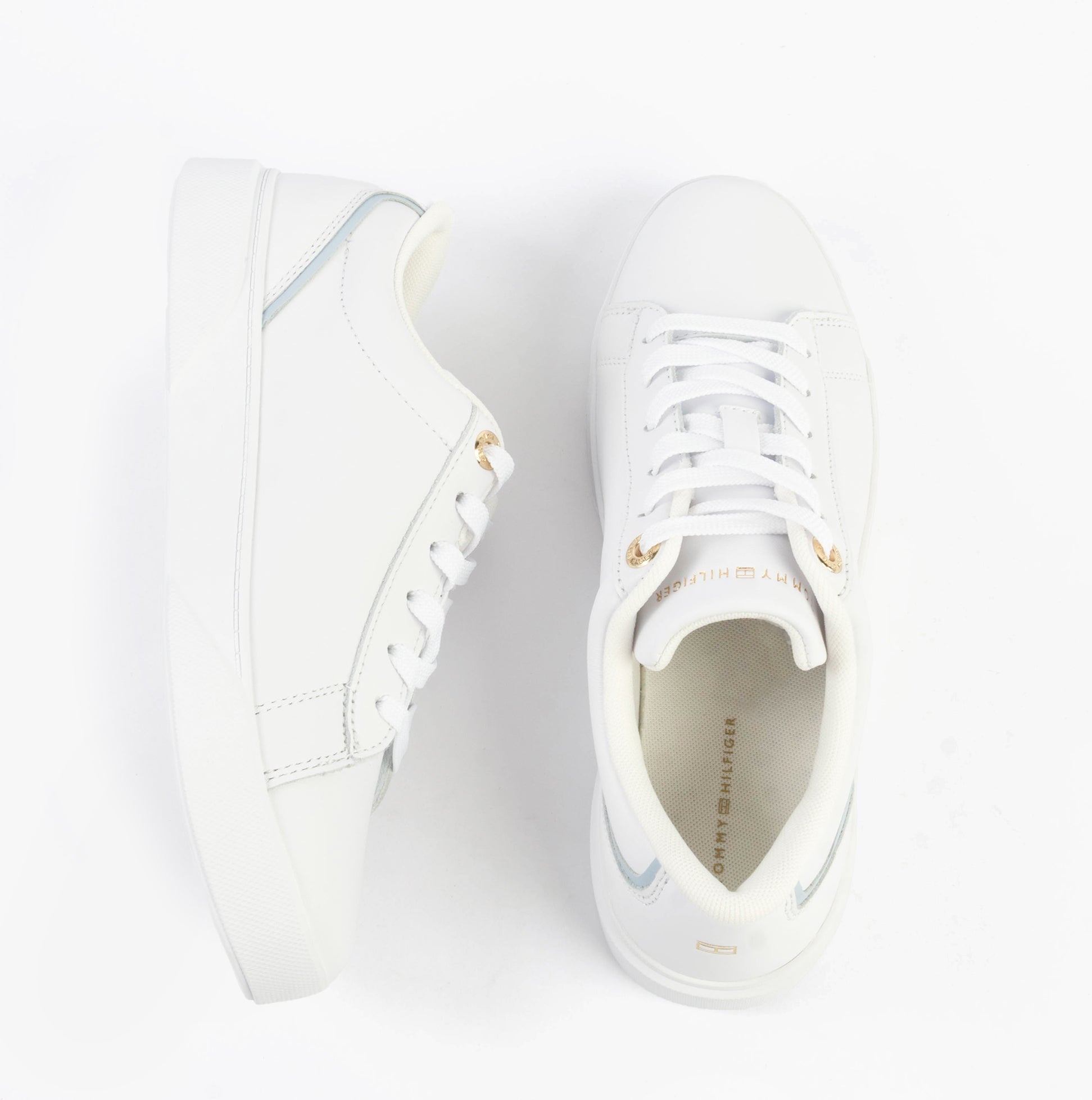 Tommy Hilfiger CHIC COURT SNEAKER Womens Trainers White top view showing the casual lace-up leather trainers.