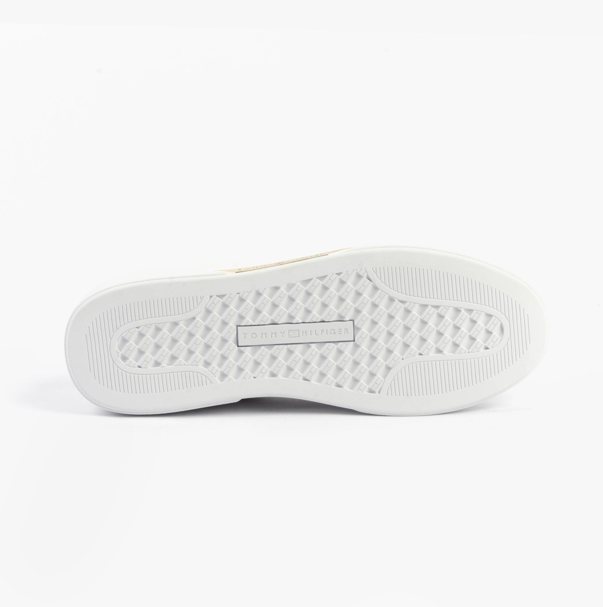 Tommy Hilfiger CHIC COURT SNEAKER Womens Trainers White bottom view showing rubber sole and brand logo.