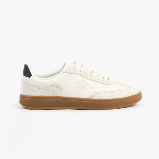 Tommy Hilfiger TH HERITAGE SNEAKER Womens Ancient White side view showing casual leather upper and rubber sole.