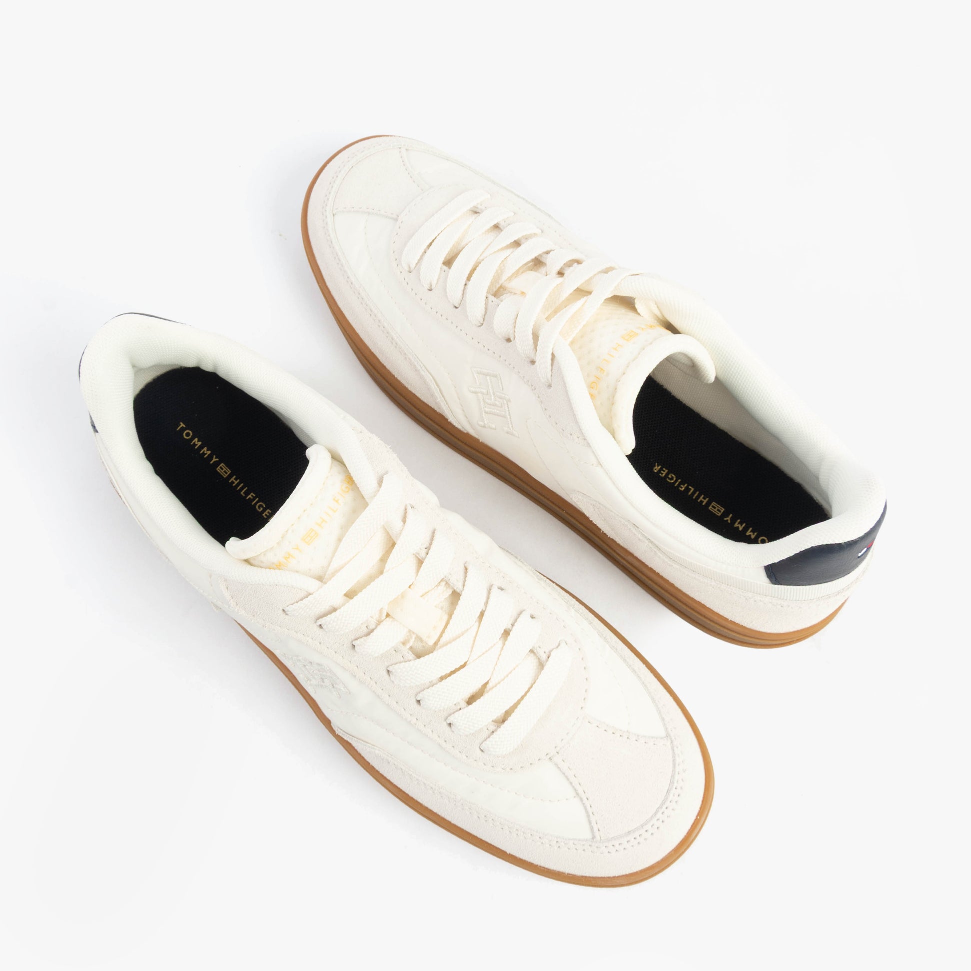 Tommy Hilfiger TH HERITAGE SNEAKER Womens Ancient White top view sneakers with lace-up closure and round toe shape.