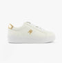 Tommy Hilfiger PLATFORM COURT Womens Trainers White side view showing leather upper and gold detailing.