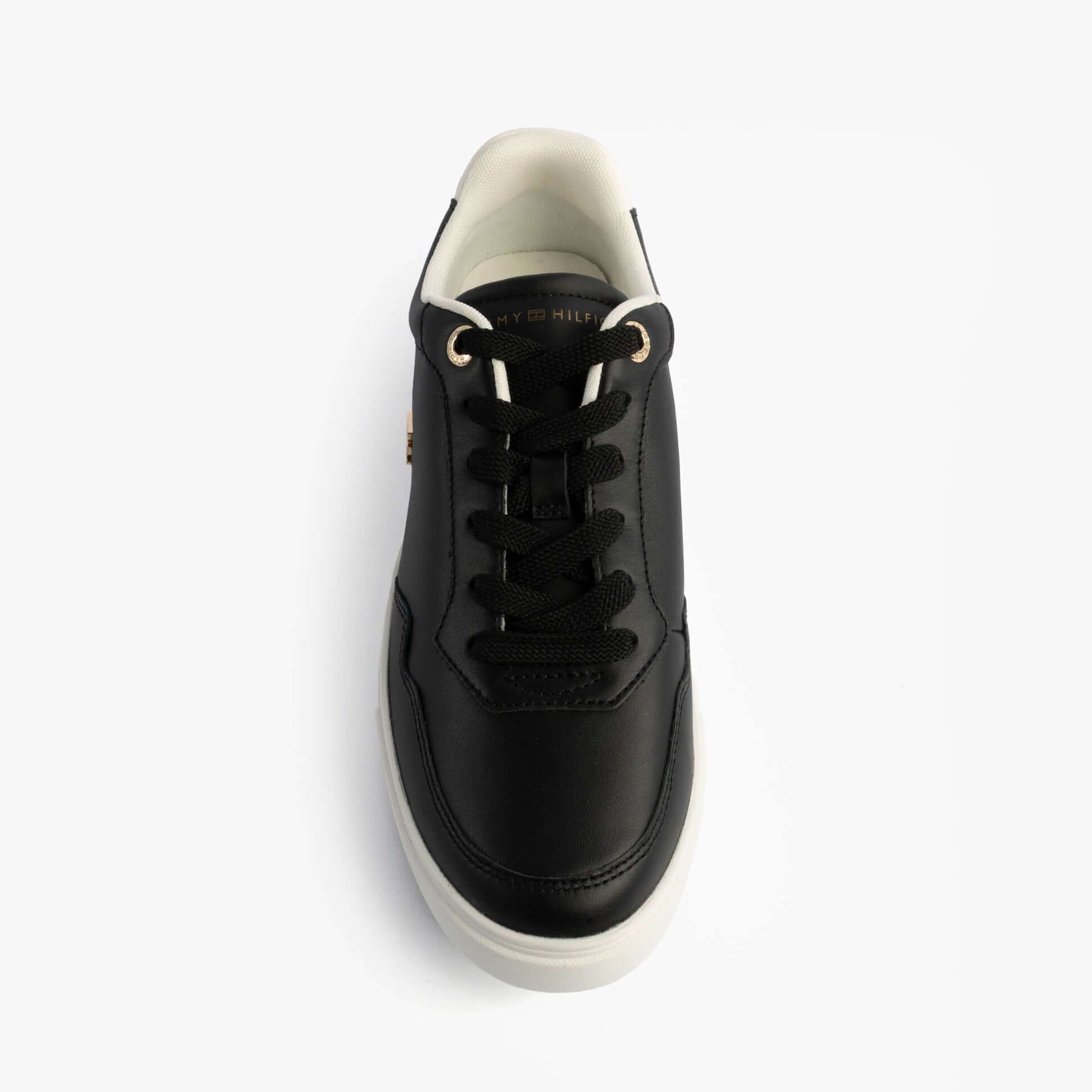 Tommy Hilfiger Womens Leather TH Monogram Plaque Court Trainers Black top view showcasing lace-up design and sleek leather finish.