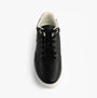 Tommy Hilfiger Womens Leather TH Monogram Plaque Court Trainers Black top view showcasing lace-up design and sleek leather finish.
