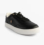Tommy Hilfiger Womens Leather TH Monogram Plaque Court Trainers Black side view showing sleek design and logo detail.