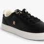 Tommy Hilfiger Womens Leather TH Monogram Plaque Court Trainers Black side view with lace-up closure and gold logo.