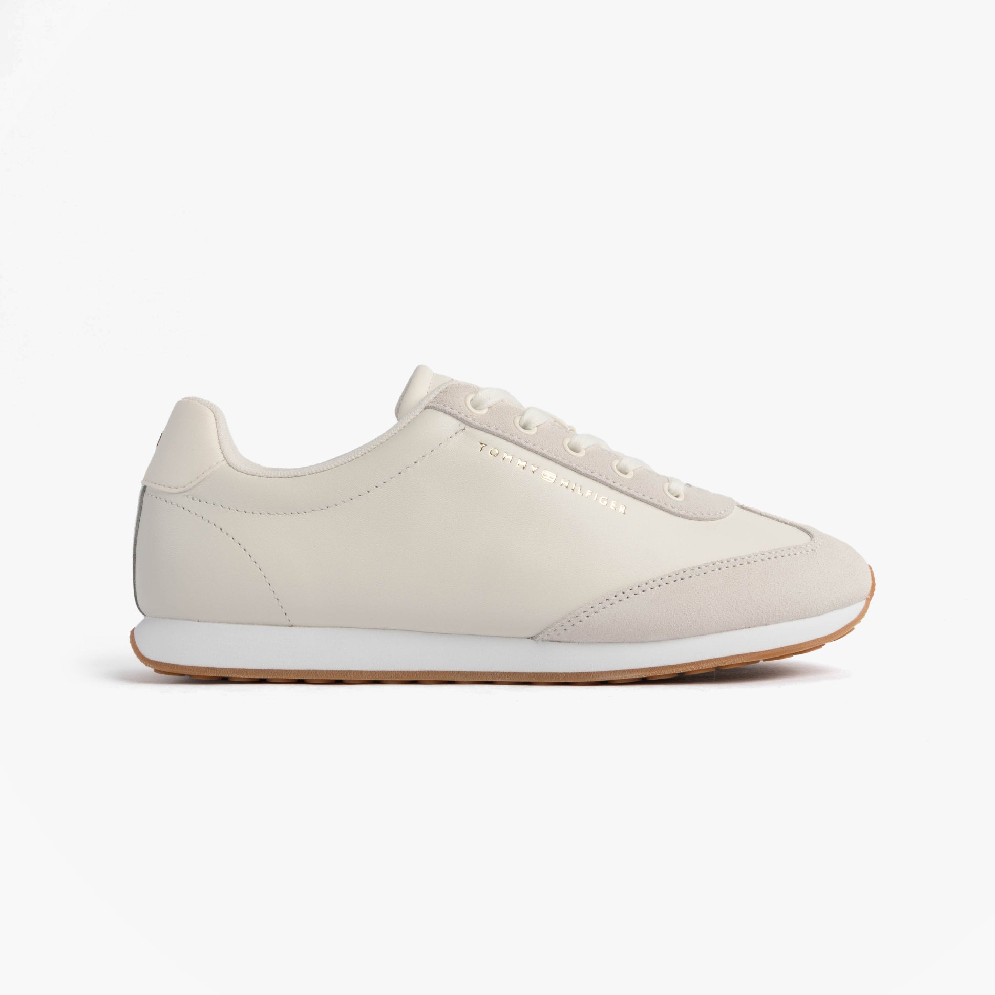Tommy Hilfiger HERITAGE FASHION RUN Womens Trainers Ancient White side view showing lace-up design and leather upper.