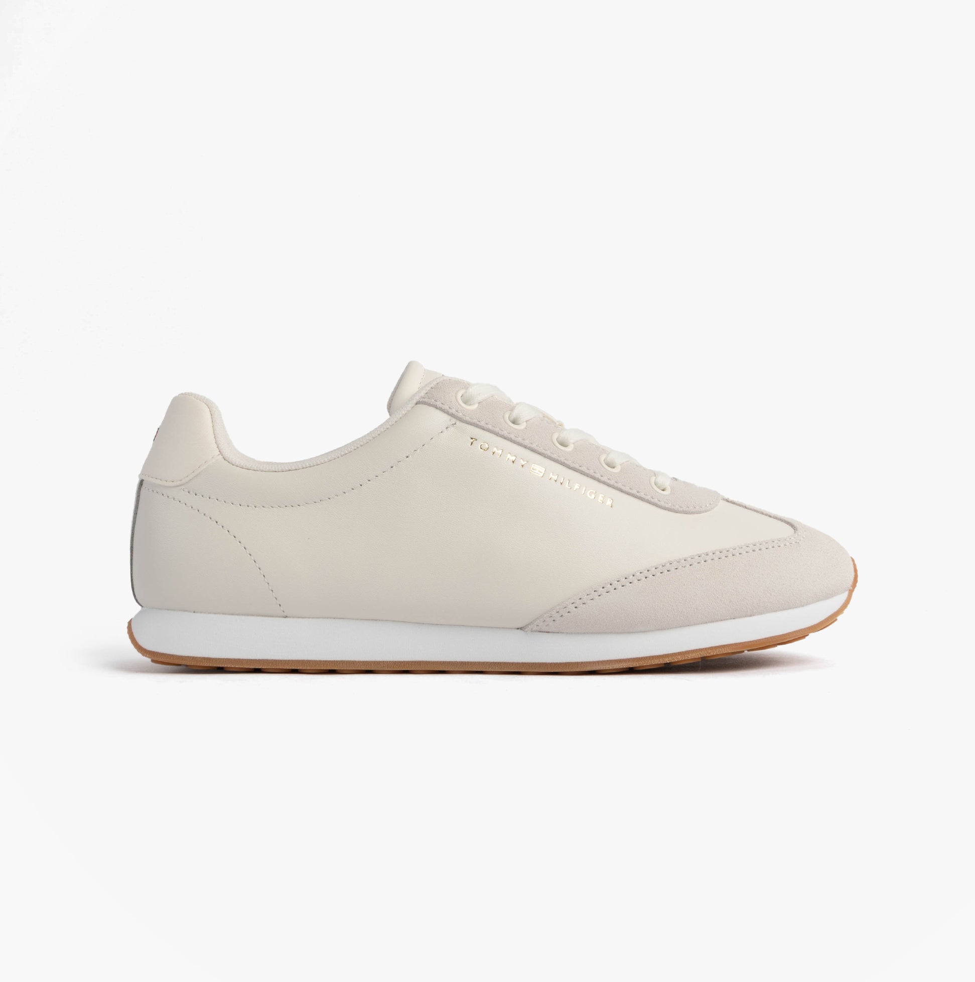 Tommy Hilfiger HERITAGE FASHION RUN Womens Trainers Ancient White side view showing lace-up design and leather upper.