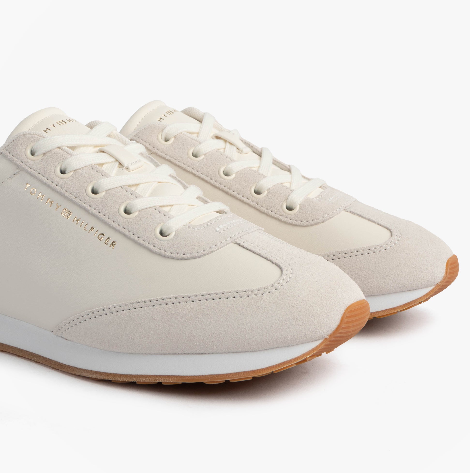 Tommy Hilfiger HERITAGE FASHION RUN Womens Trainers Ancient White side view showing lace-up design and soft suede upper.