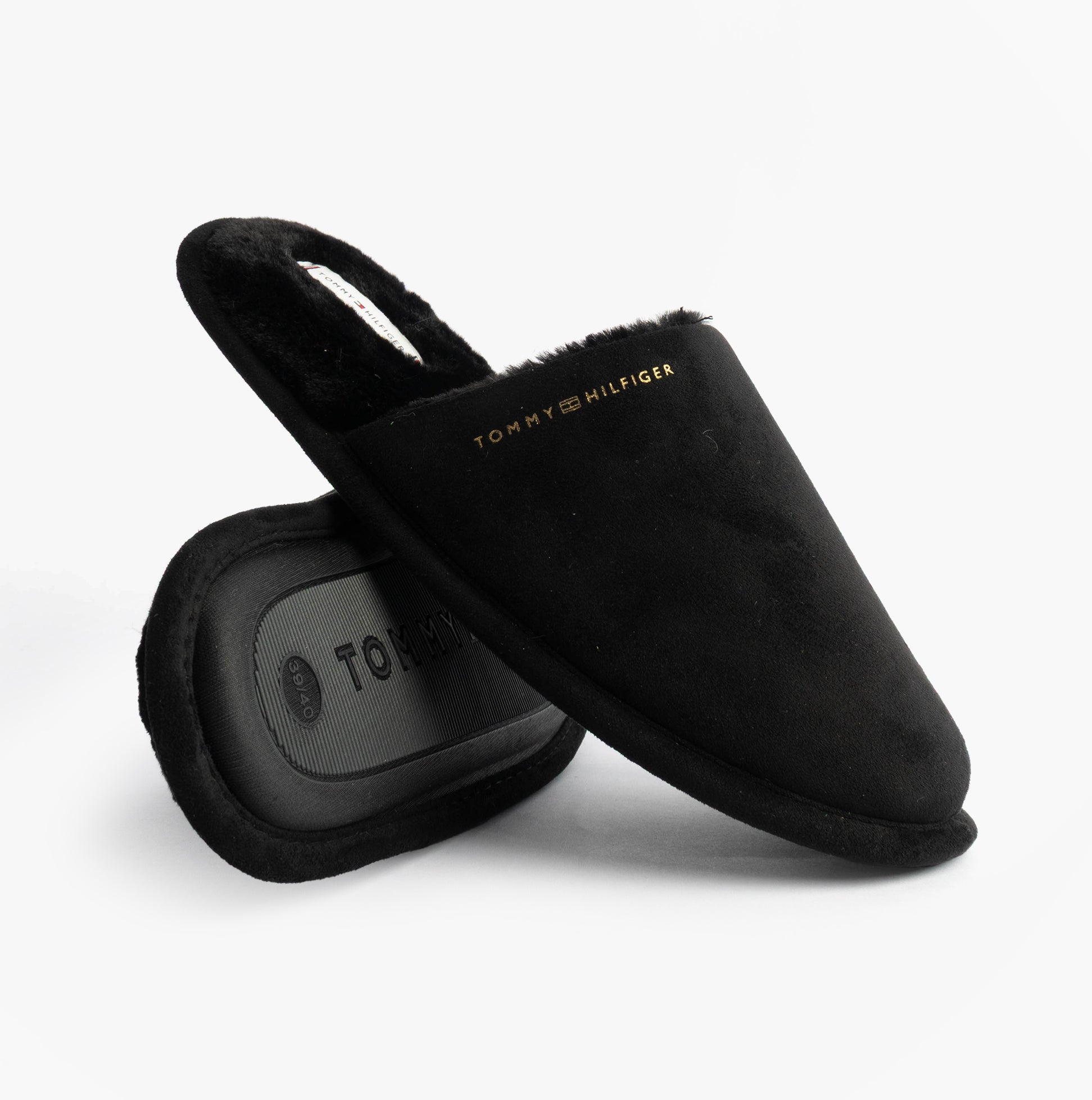 Tommy Hilfiger TH SOFT HOUSE SHOE Womens Slippers Black side view, comfortable mules with synthetic sole and textile upper.