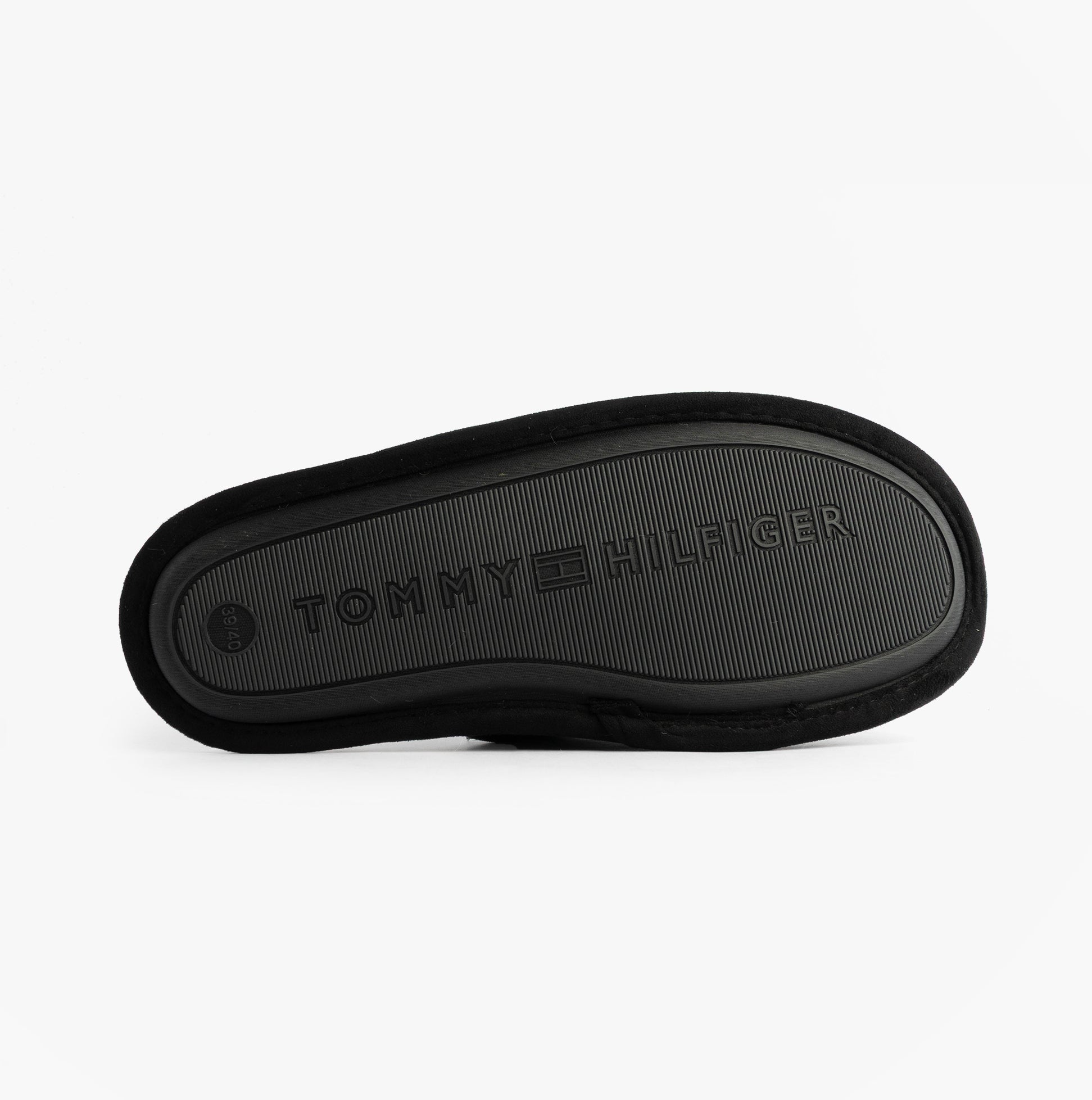 Tommy Hilfiger TH SOFT HOUSE SHOE Womens Slippers Black bottom view showing textured sole with logo.