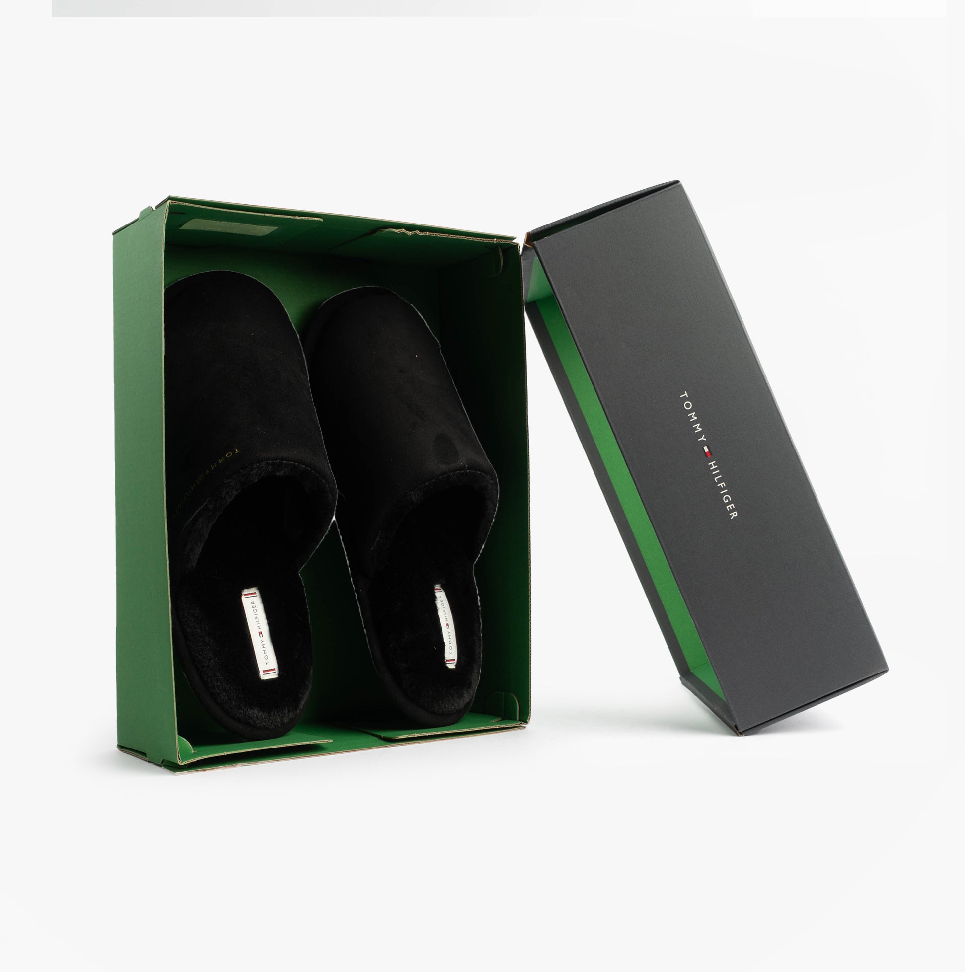 Tommy Hilfiger TH SOFT HOUSE SHOE Womens Slippers Black in packaging, showing black mules slippers inside gift box.