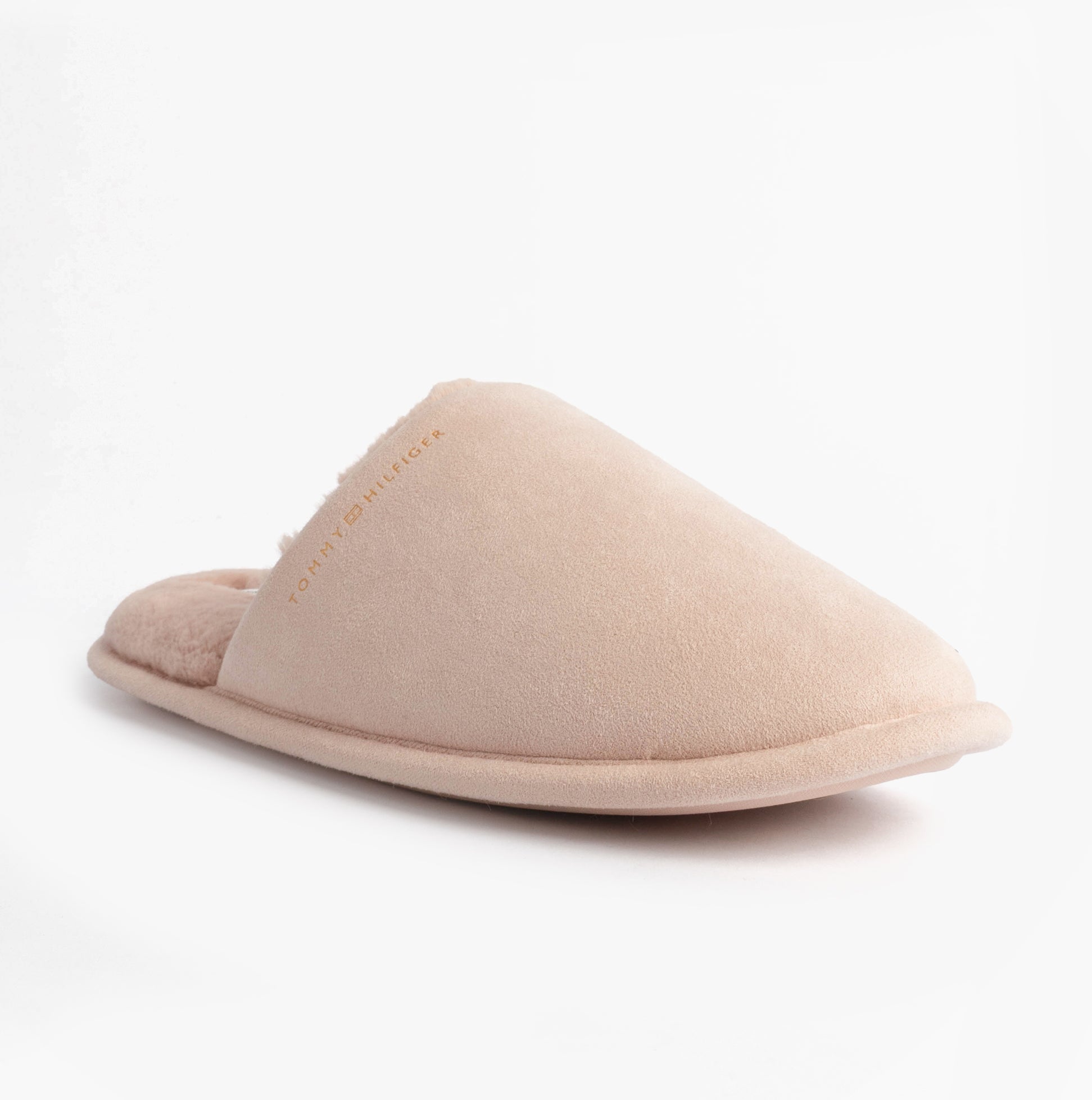 Tommy Hilfiger TH SOFT HOUSE SHOE Womens Slippers Misty Bluesh side view of beige mules with slip-on design.