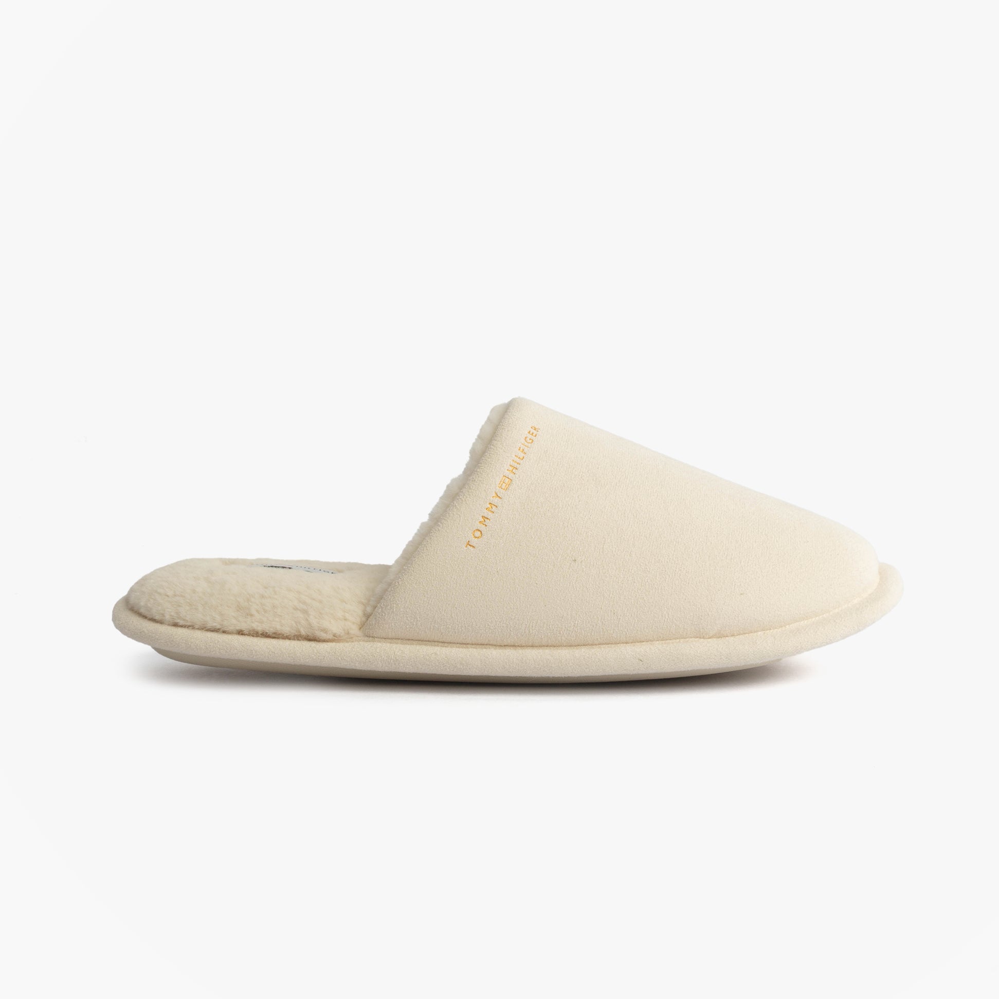 Tommy Hilfiger TH SOFT HOUSE SHOE Womens Slippers Ancient White side view showcasing the soft textile upper and flat sole.
