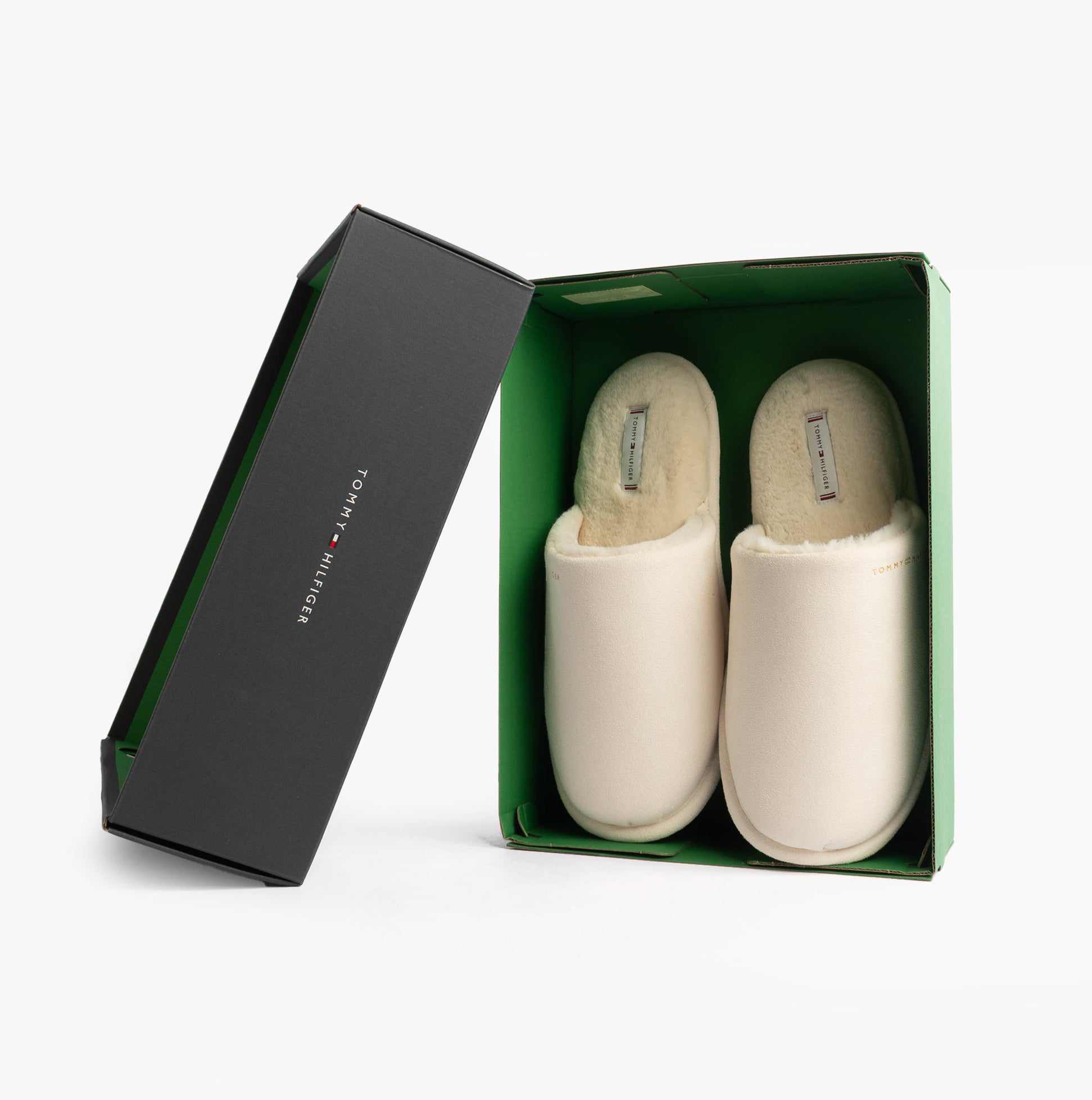 Tommy Hilfiger TH SOFT HOUSE SHOE Womens Slippers Ancient White in gift box, top view, showing soft mules.
