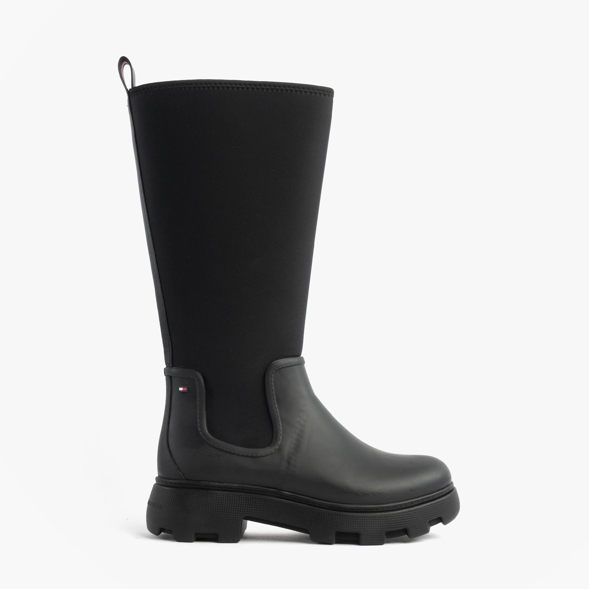 Tommy Hilfiger FLAG LONG RAINBOOT Womens Boots Black side view, stylish waterproof rubber wellingtons.