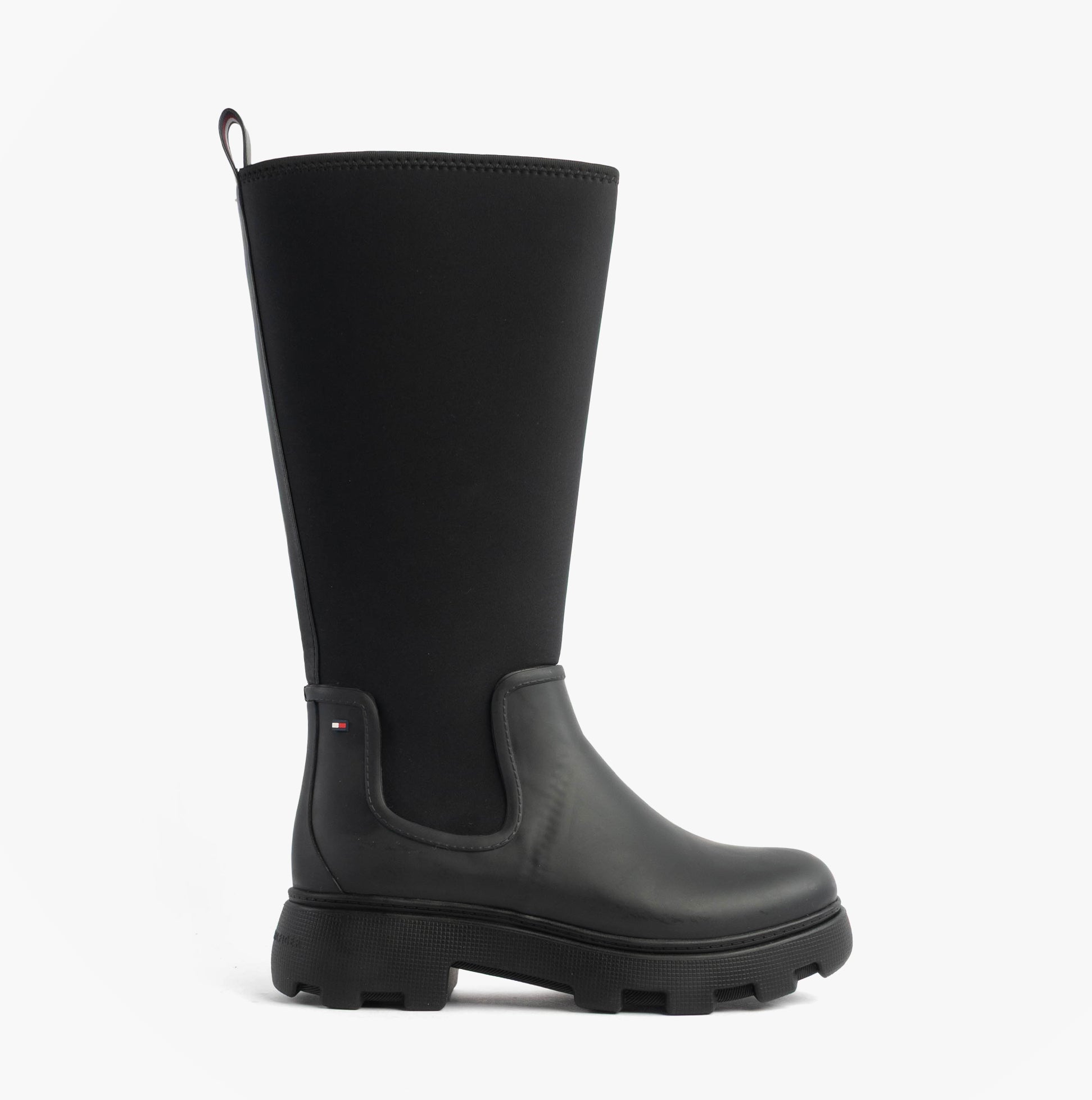 Tommy Hilfiger FLAG LONG RAINBOOT Womens Boots Black side view, stylish waterproof rubber wellingtons.