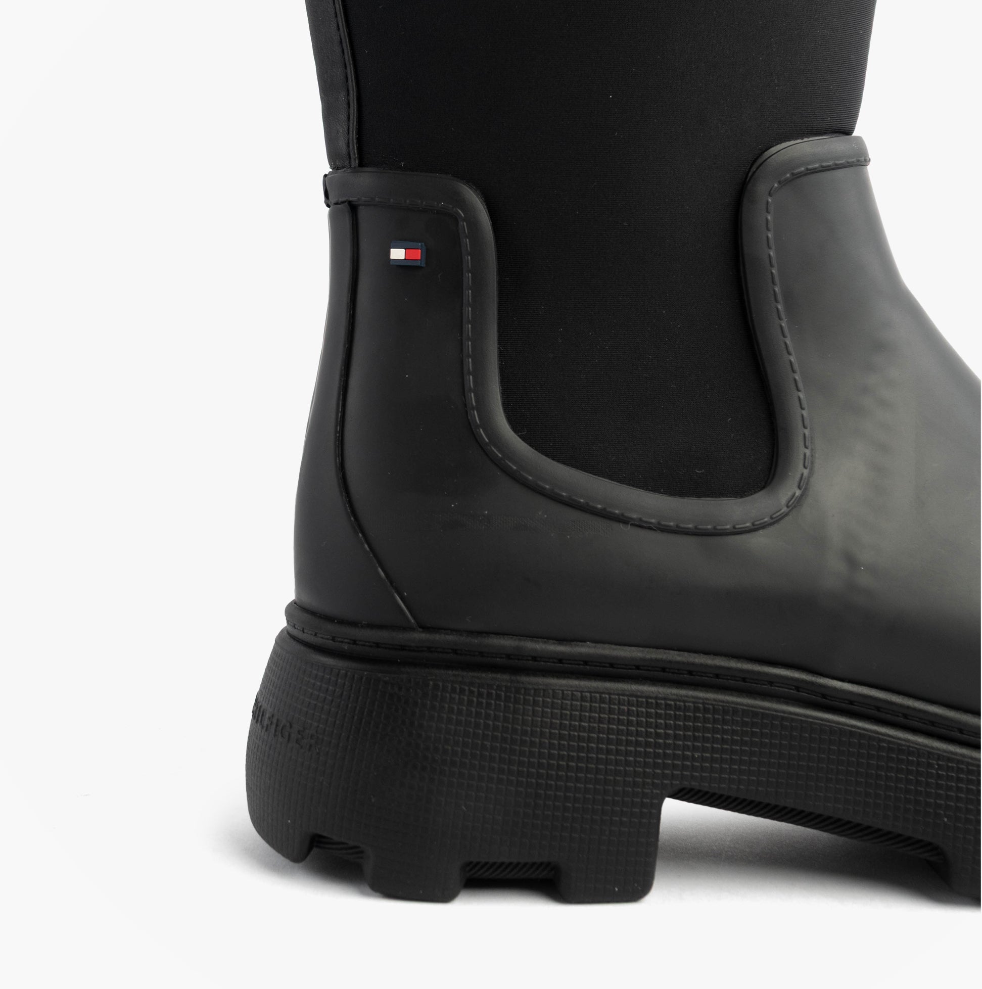 Tommy Hilfiger FLAG LONG RAINBOOT Womens Boots Black side view detail of boot upper with logo