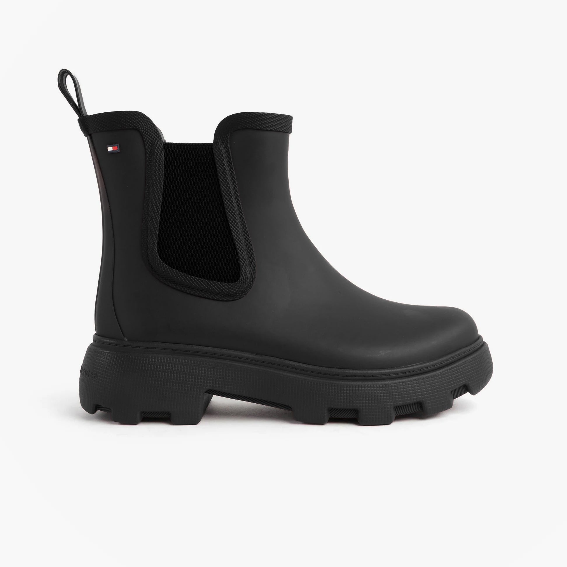 Tommy Hilfiger ANKLE RAINBOOT Womens Boots Black side view showing rubber upper and elasticated side panel.
