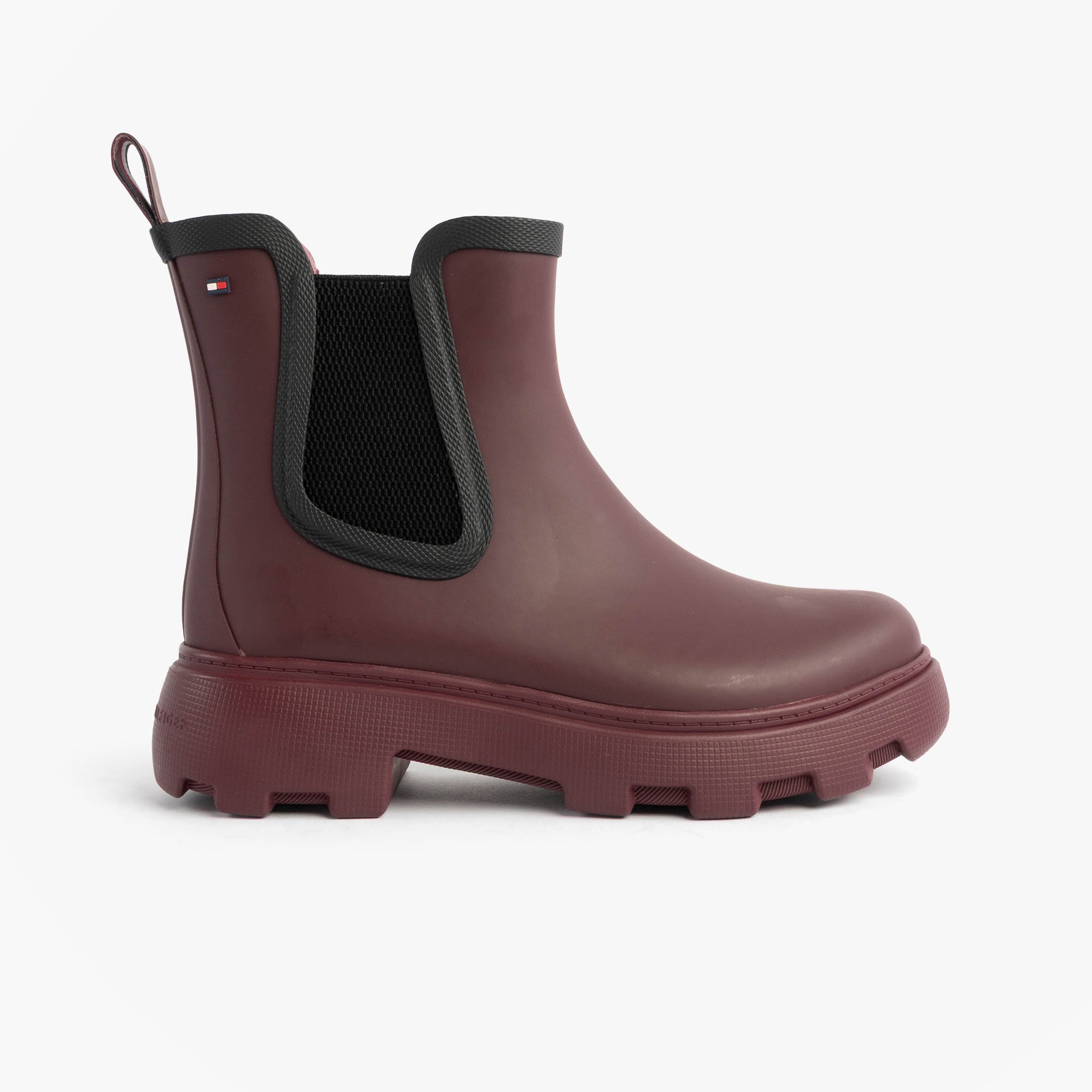Tommy Hilfiger FLAG ANKLE RAINBOOT Womens Boots Rosewood Brown side view with elasticated side panel and chunky sole.