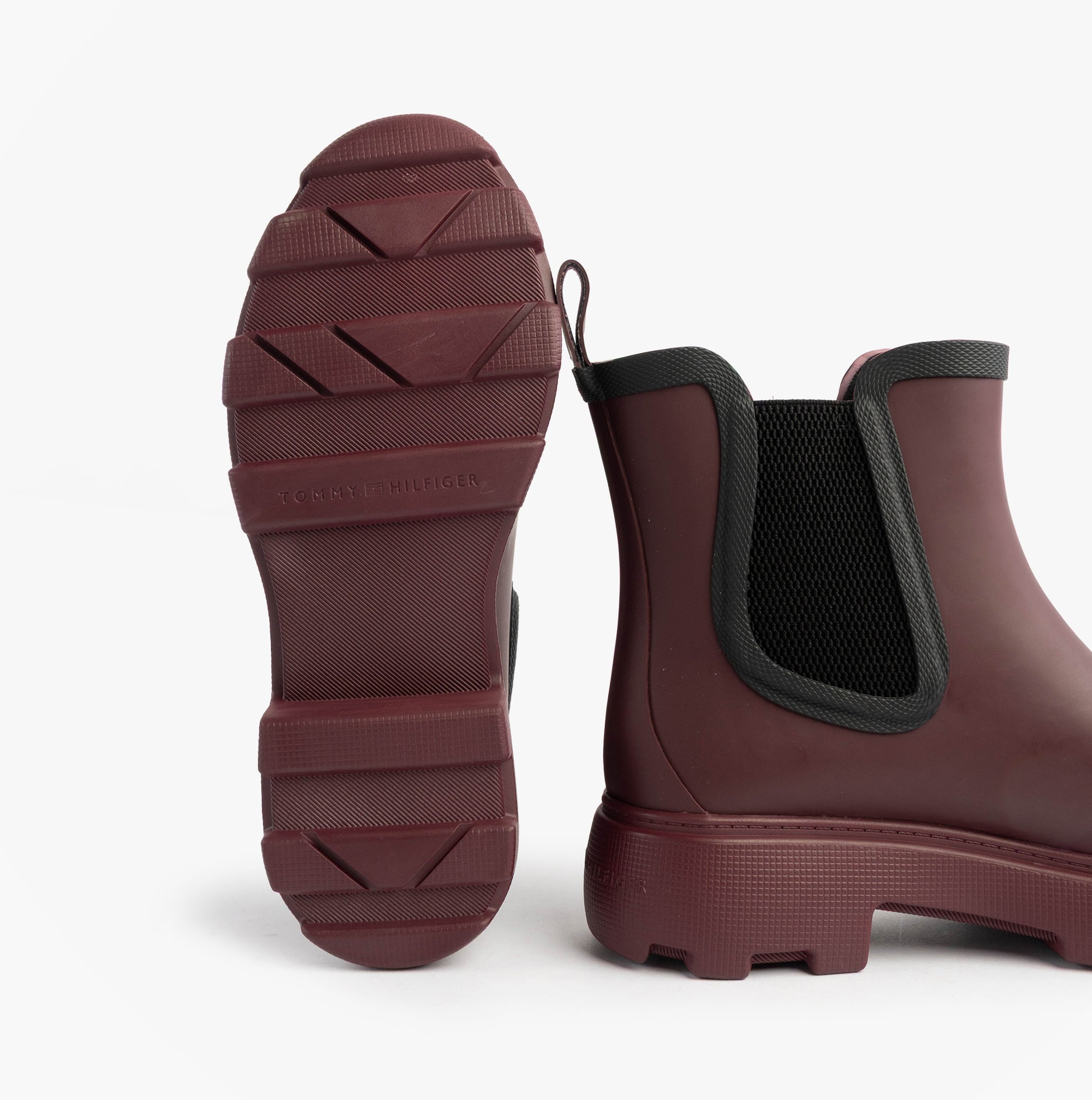 Tommy Hilfiger FLAG ANKLE RAINBOOT Womens Boots Rosewood Brown rear view showing rubber sole and elasticated side panel.