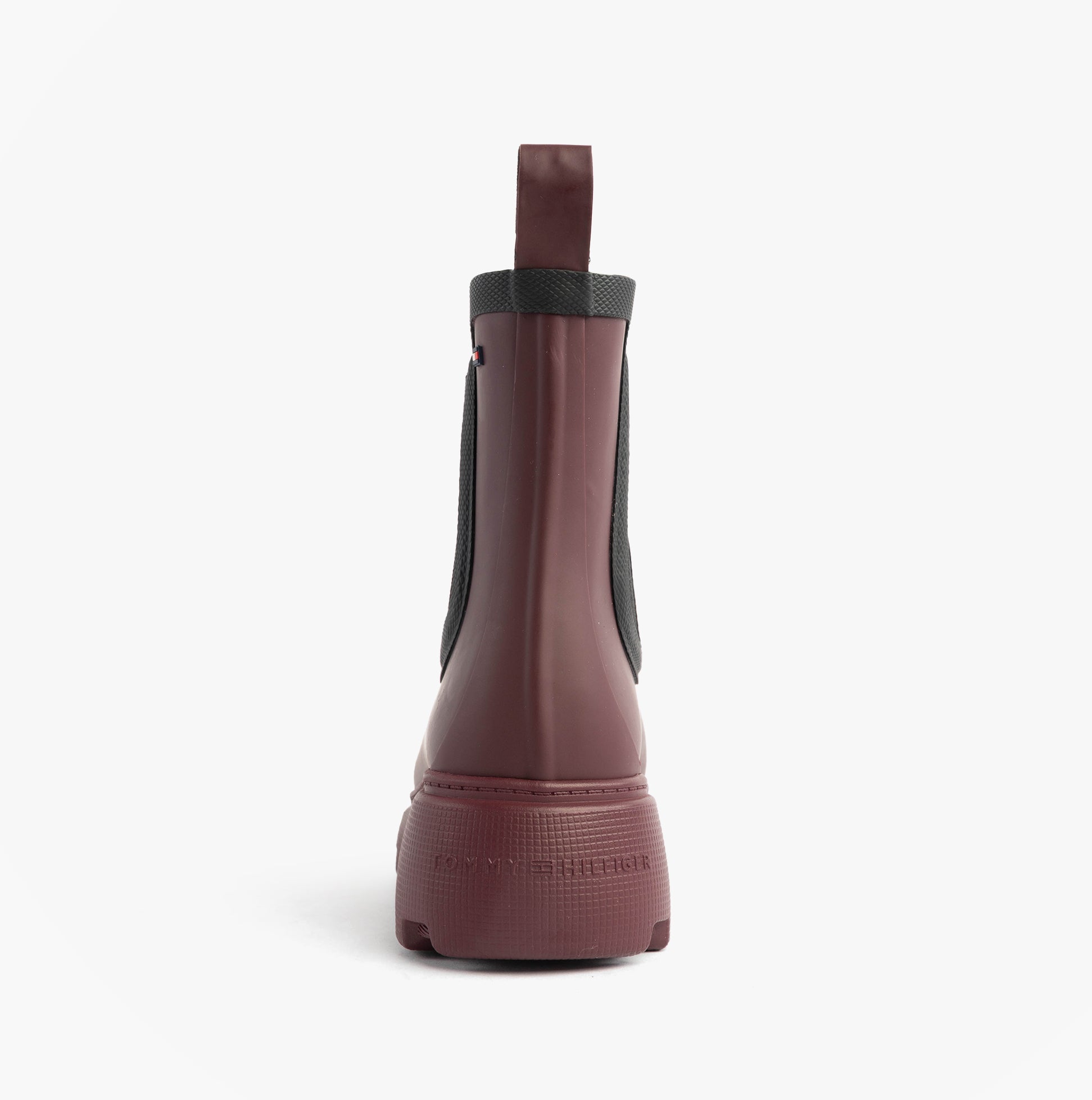 Tommy Hilfiger FLAG ANKLE RAINBOOT Womens Boots Rosewood Brown back view showing elasticated side panels and rubber sole.
