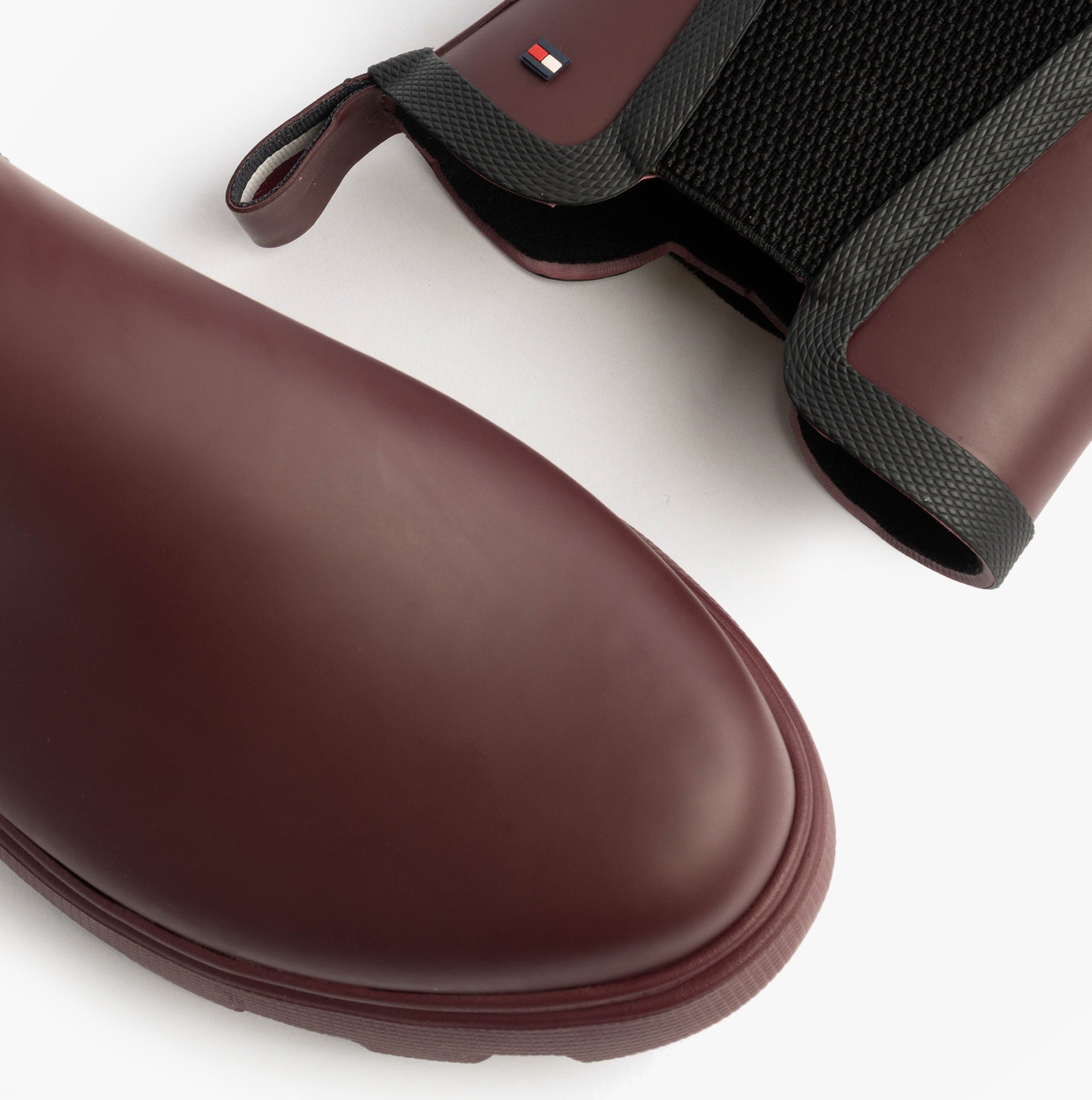 Tommy Hilfiger FLAG ANKLE RAINBOOT Womens Boots Rosewood Brown detailed view of toe and elasticated side panel