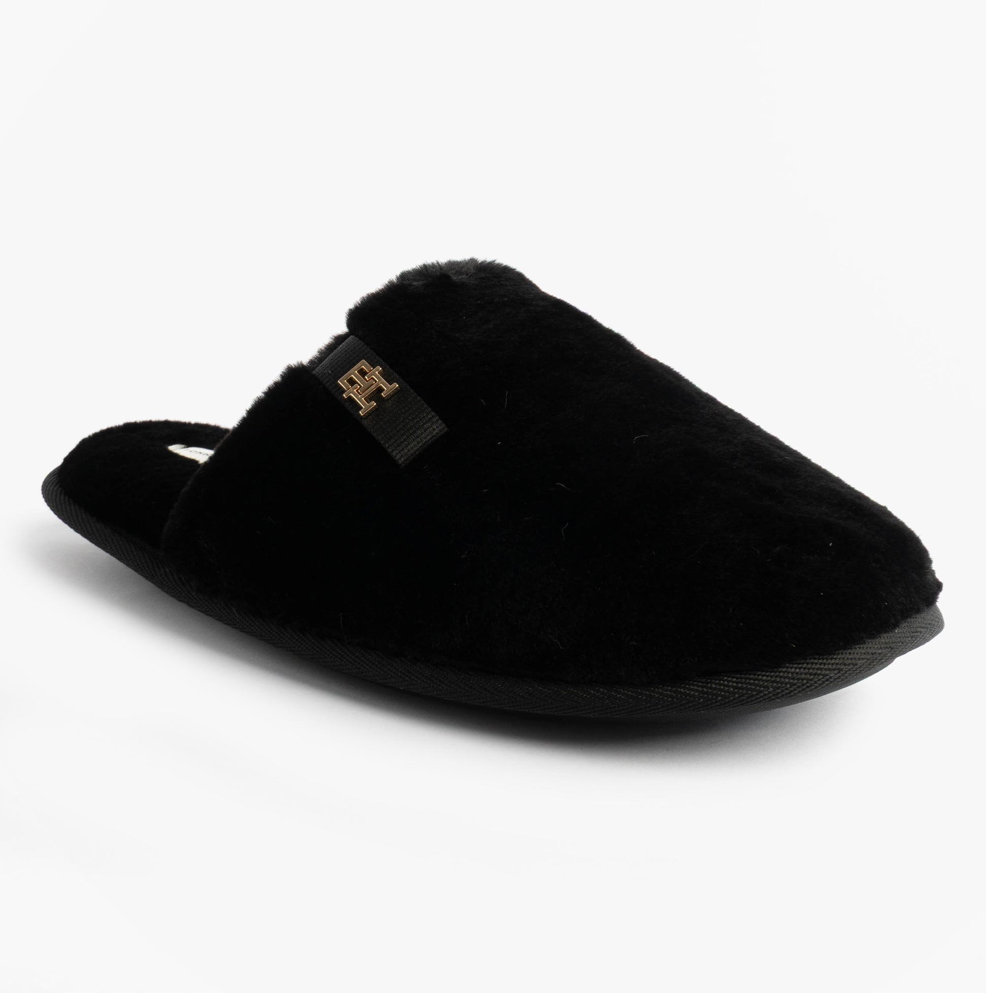 Tommy Hilfiger TH FAUX FUR HOUSE SH Womens Slippers Black side view with plush texture and logo detail