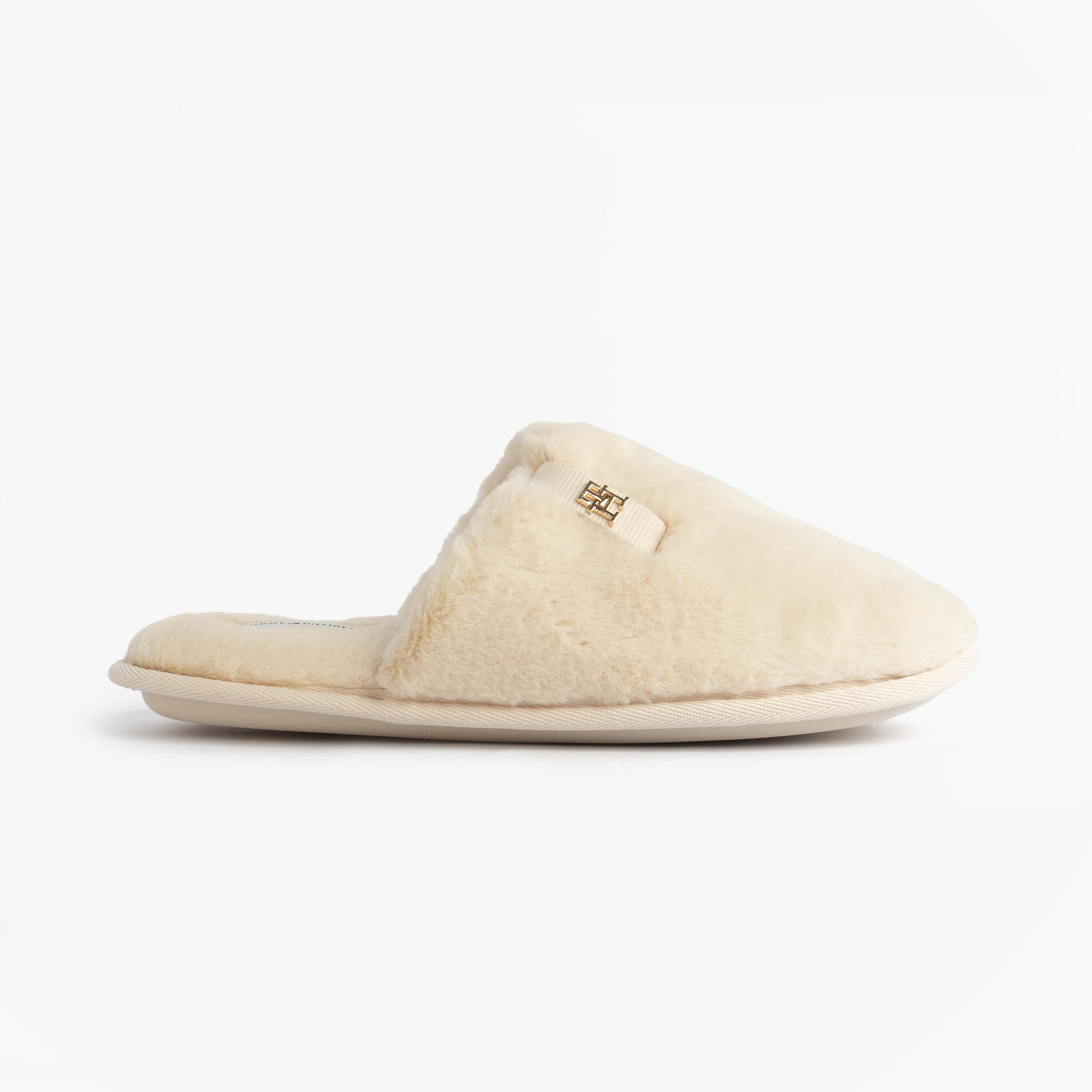 Tommy Hilfiger TH FAUX FUR HOUSE SH Womens Slippers Ancient White side view showing soft faux fur design.