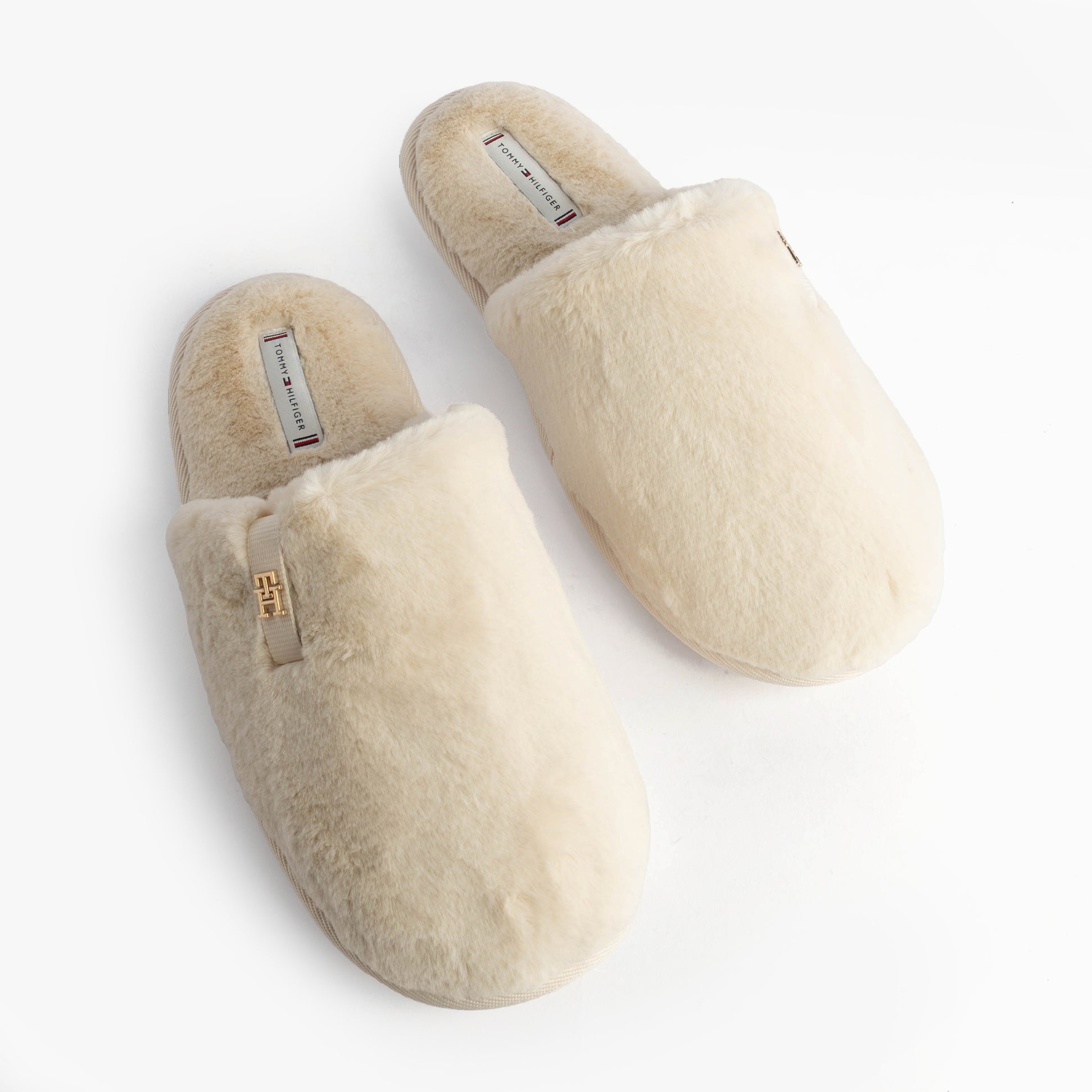 Tommy Hilfiger TH FAUX FUR HOUSE SH Womens Slippers Ancient White top view, showing soft faux fur and slip-on design.