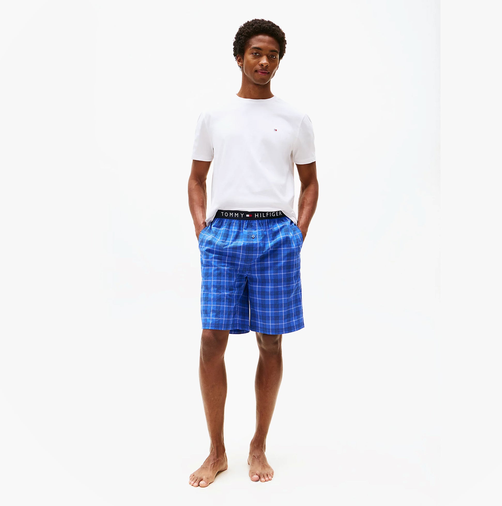 Tommy Hilfiger PURE COTTON Mens T-Shirt & Shorts Pyjama Set White / Grid Plaid front view model wearing set