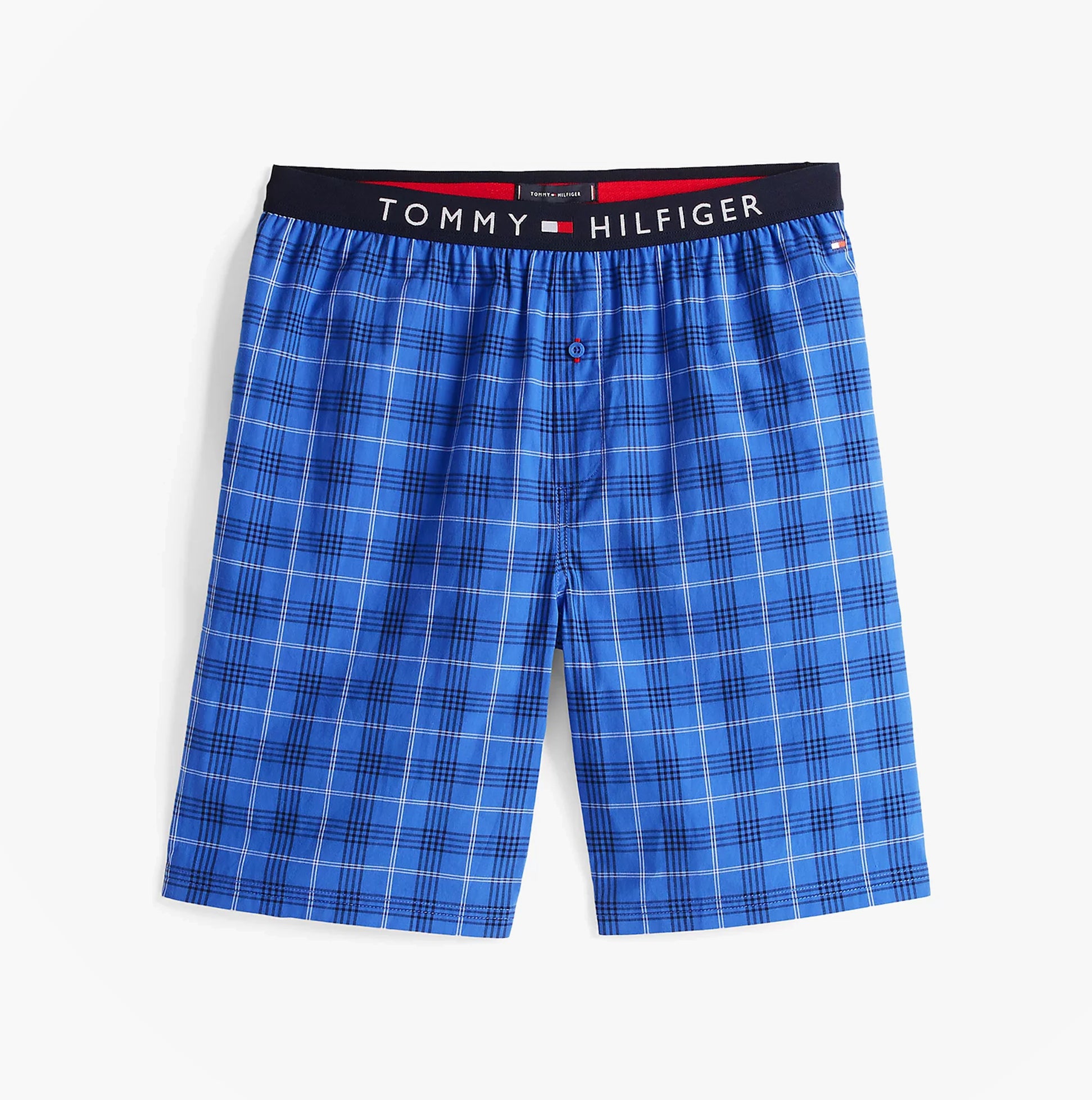 Tommy Hilfiger PURE COTTON Mens T-Shirt & Shorts Pyjama Set White / Grid Plaid shorts front view, blue plaid pattern with waistband.