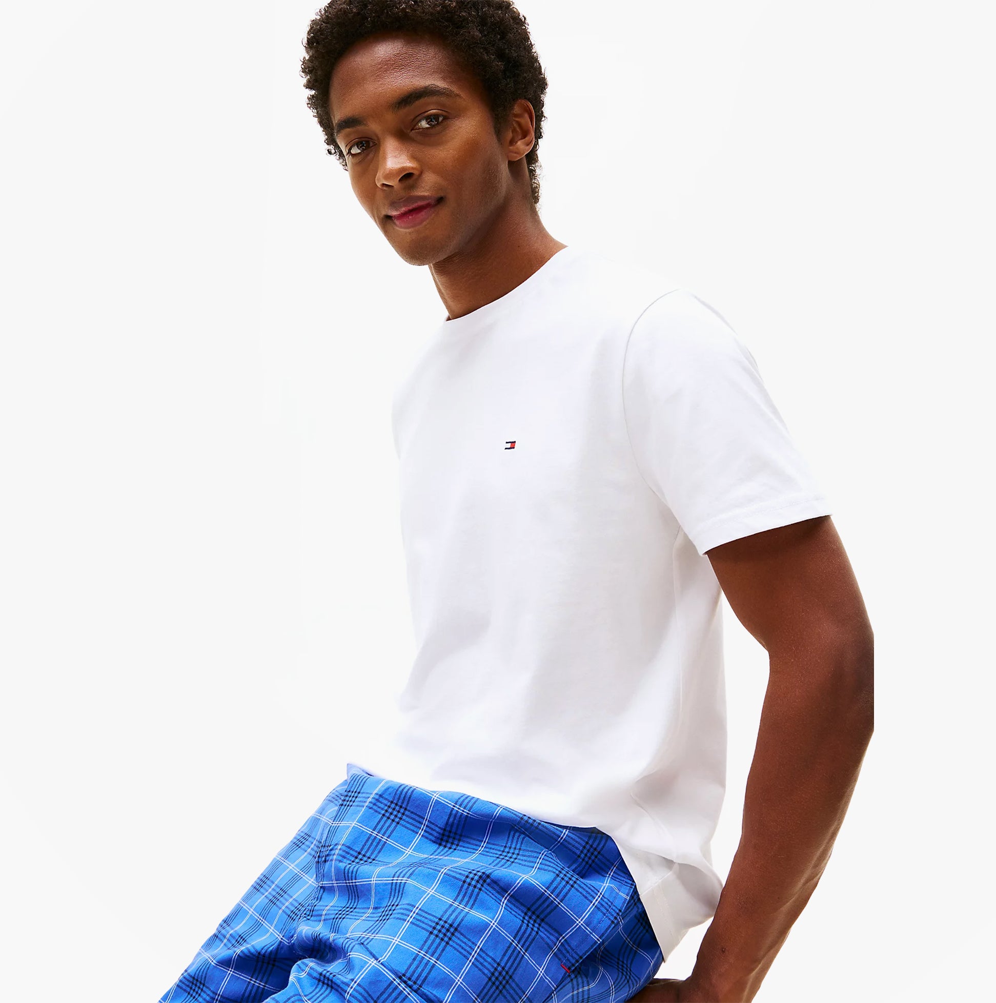 Tommy Hilfiger PURE COTTON Mens T-Shirt & Shorts Pyjama Set White / Grid Plaid, side view of model wearing the set.