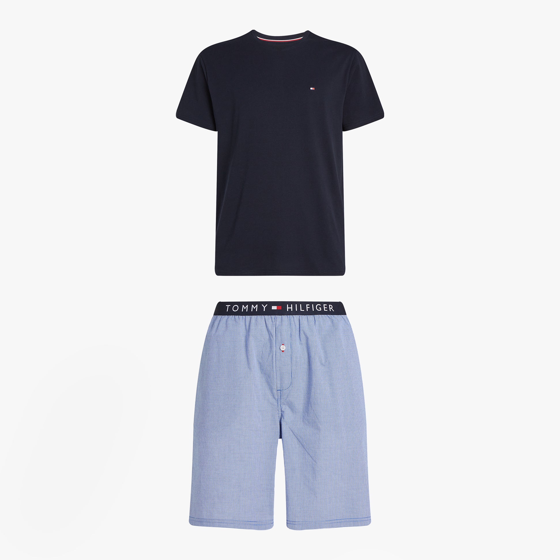 Tommy Hilfiger PURE COTTON Pyjama Set Mens Desert Sky / Mini Gingham front view showing T-shirt and shorts.