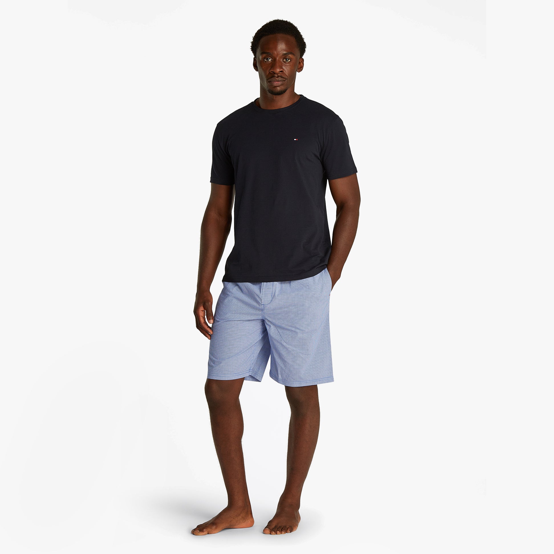 Tommy Hilfiger PURE COTTON Pyjama Set Mens Desert Sky / Mini Gingham front view, featuring short sleeves and elasticated waistband.