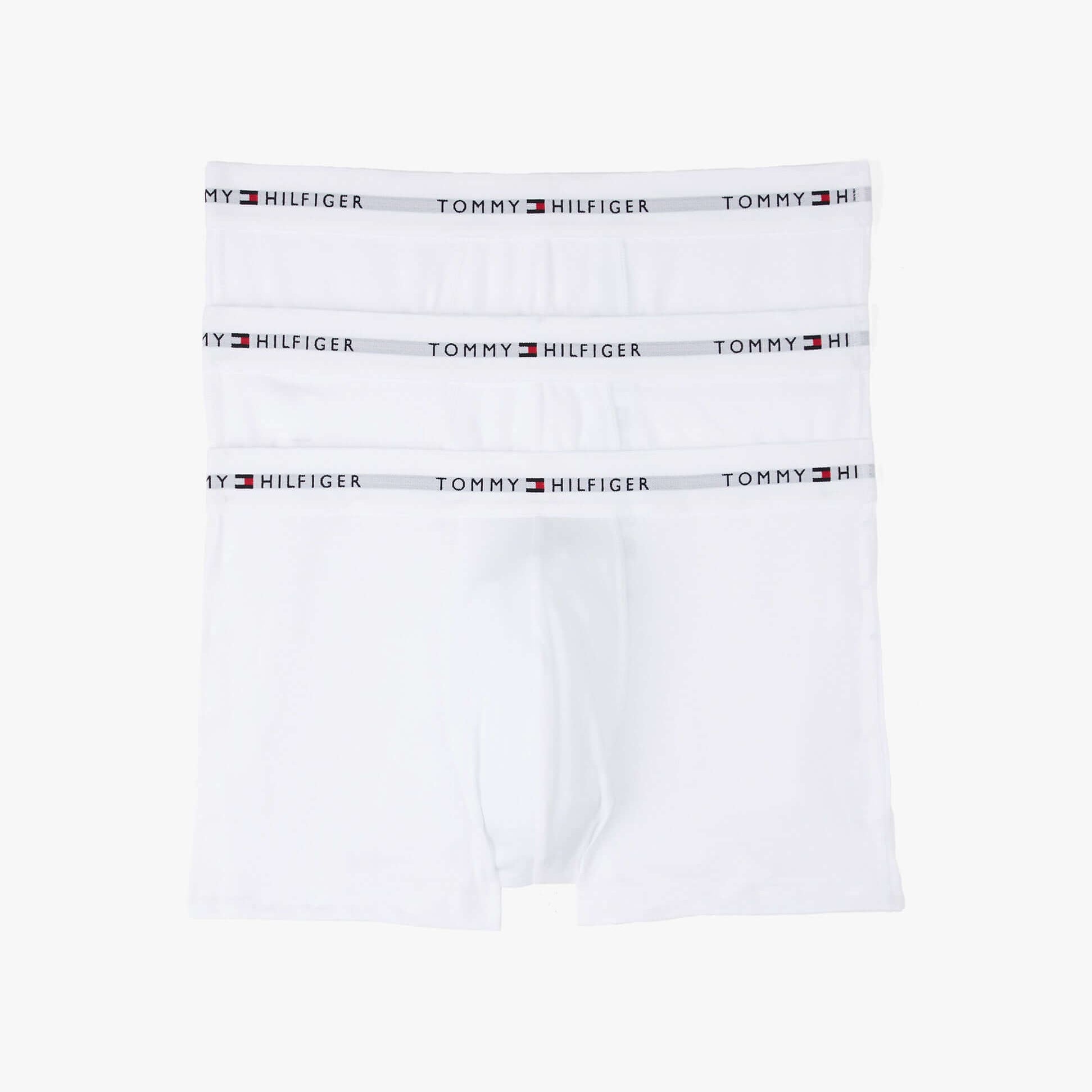 Tommy Hilfiger 3 Pack Trunk Mens White front view showing three white trunks with logo waistband.