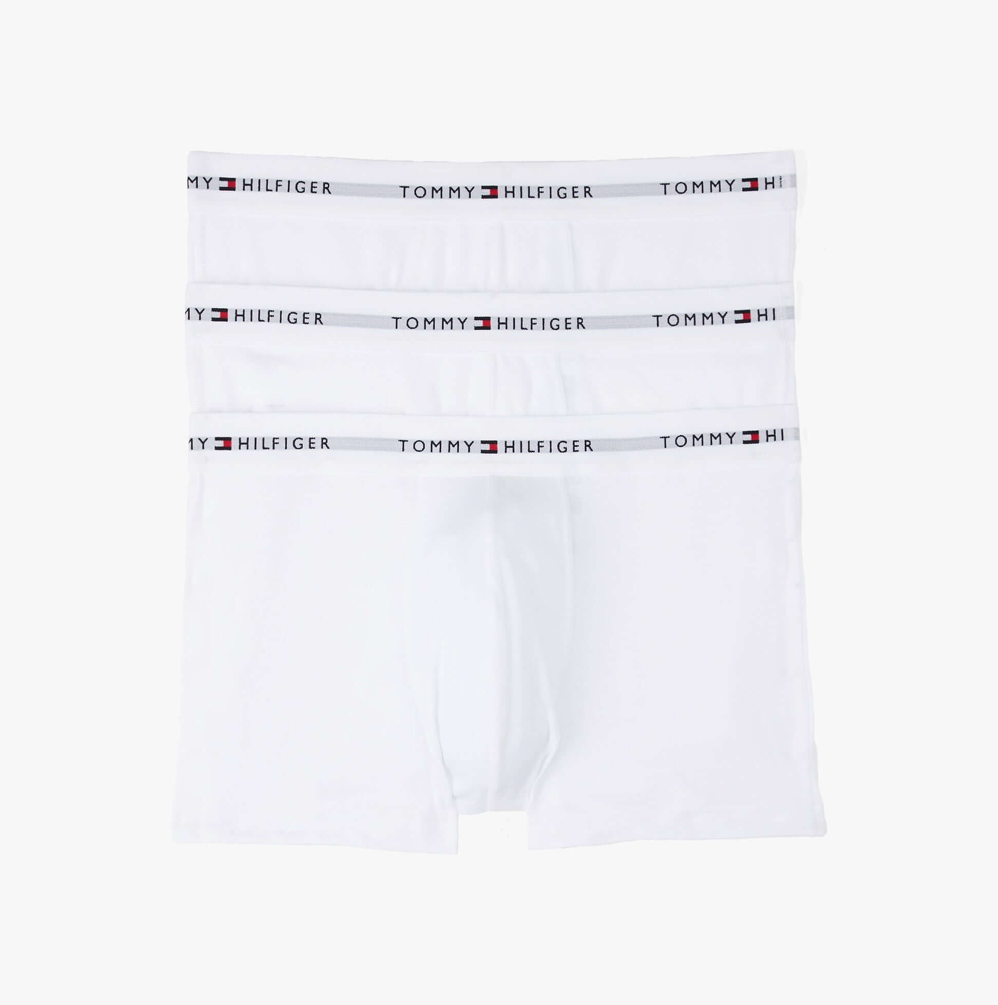 Tommy Hilfiger 3 Pack Trunk Mens White front view showing three white trunks with logo waistband.